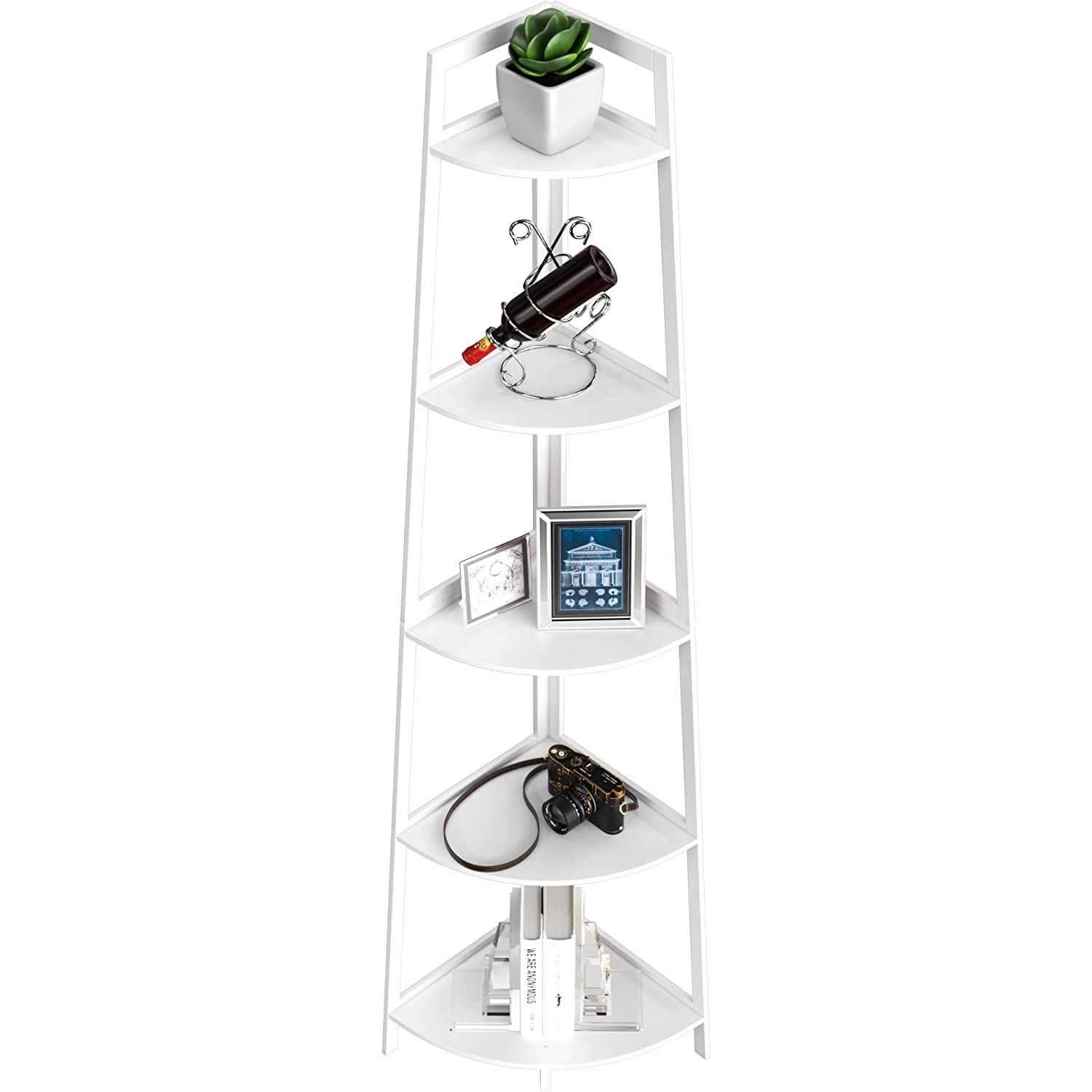 70 Inch Tall Corner Bookshelf, 5 Tiers Industrial Rustic Bamboo Ladder Shelf, Corner Storage Rack, FEDEX Shipping & Pickup Support