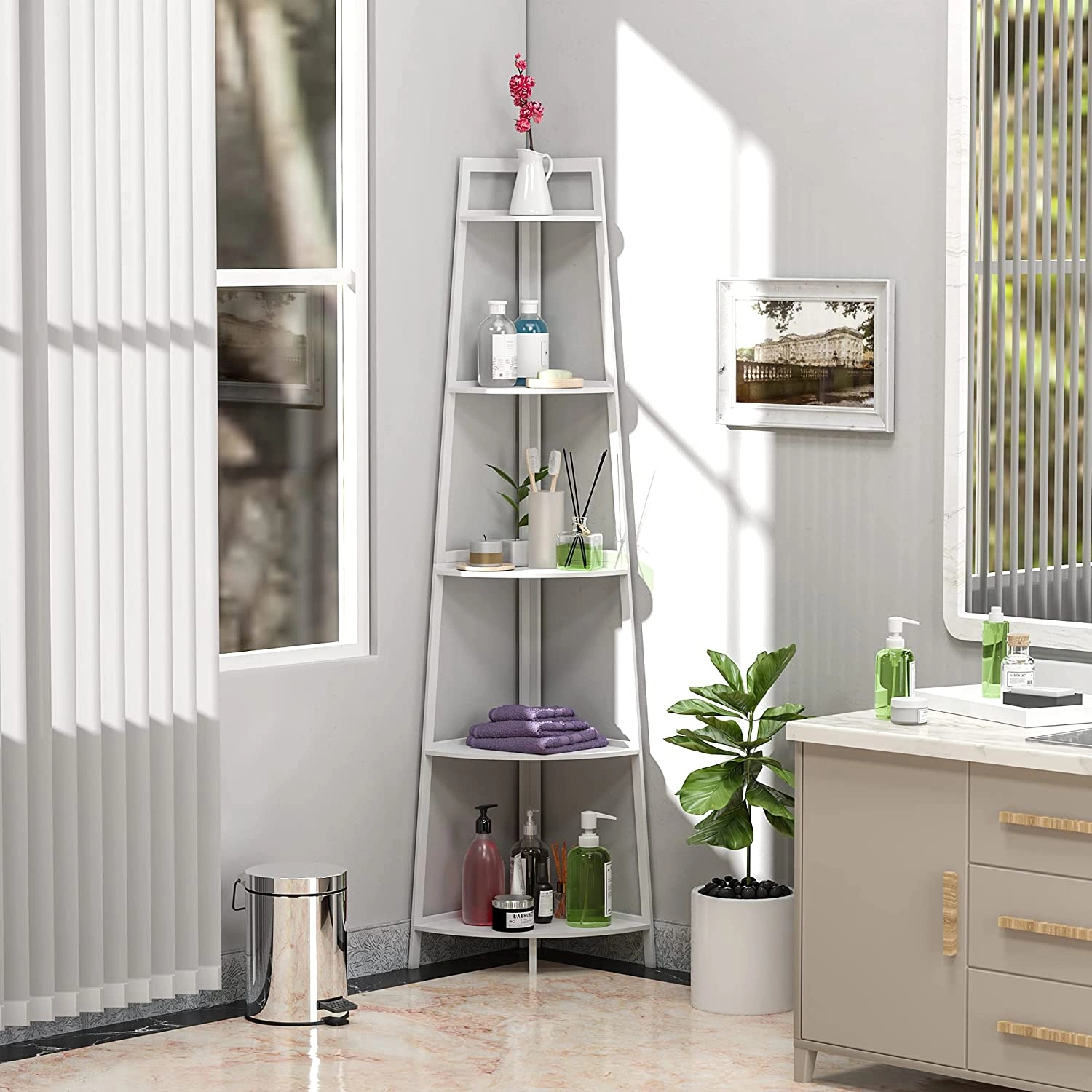 70 Inch Tall Corner Bookshelf, 5 Tiers Industrial Rustic Bamboo Ladder Shelf, Corner Storage Rack, FEDEX Shipping & Pickup Support view 2
