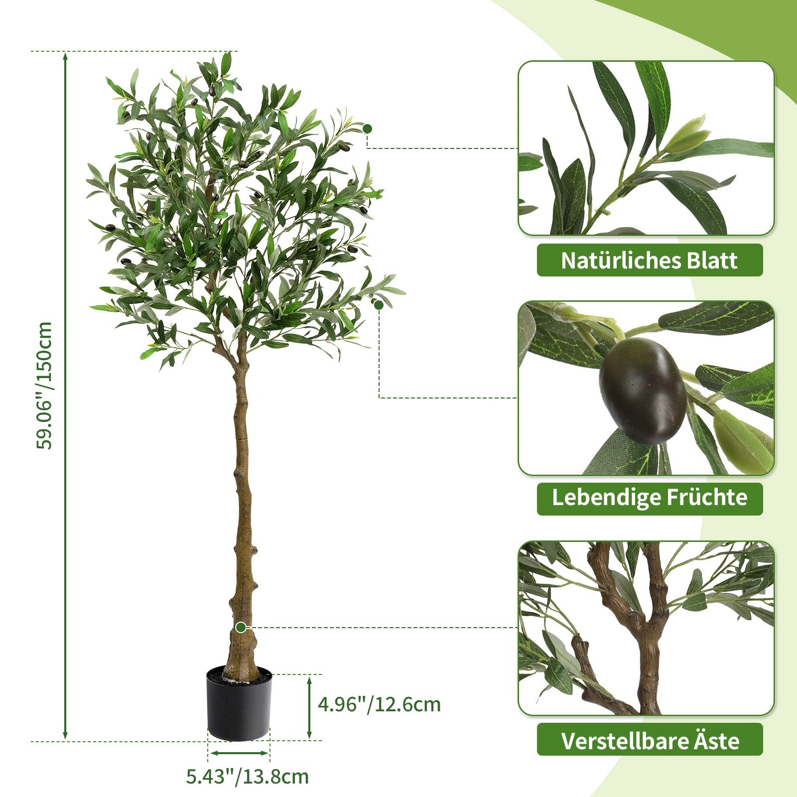 150cm Artificial Olive Tree with Silk Leaves, 650 Leaves & 26 Fruits, PVC Decorative Olive Tree for Home Garden view 3