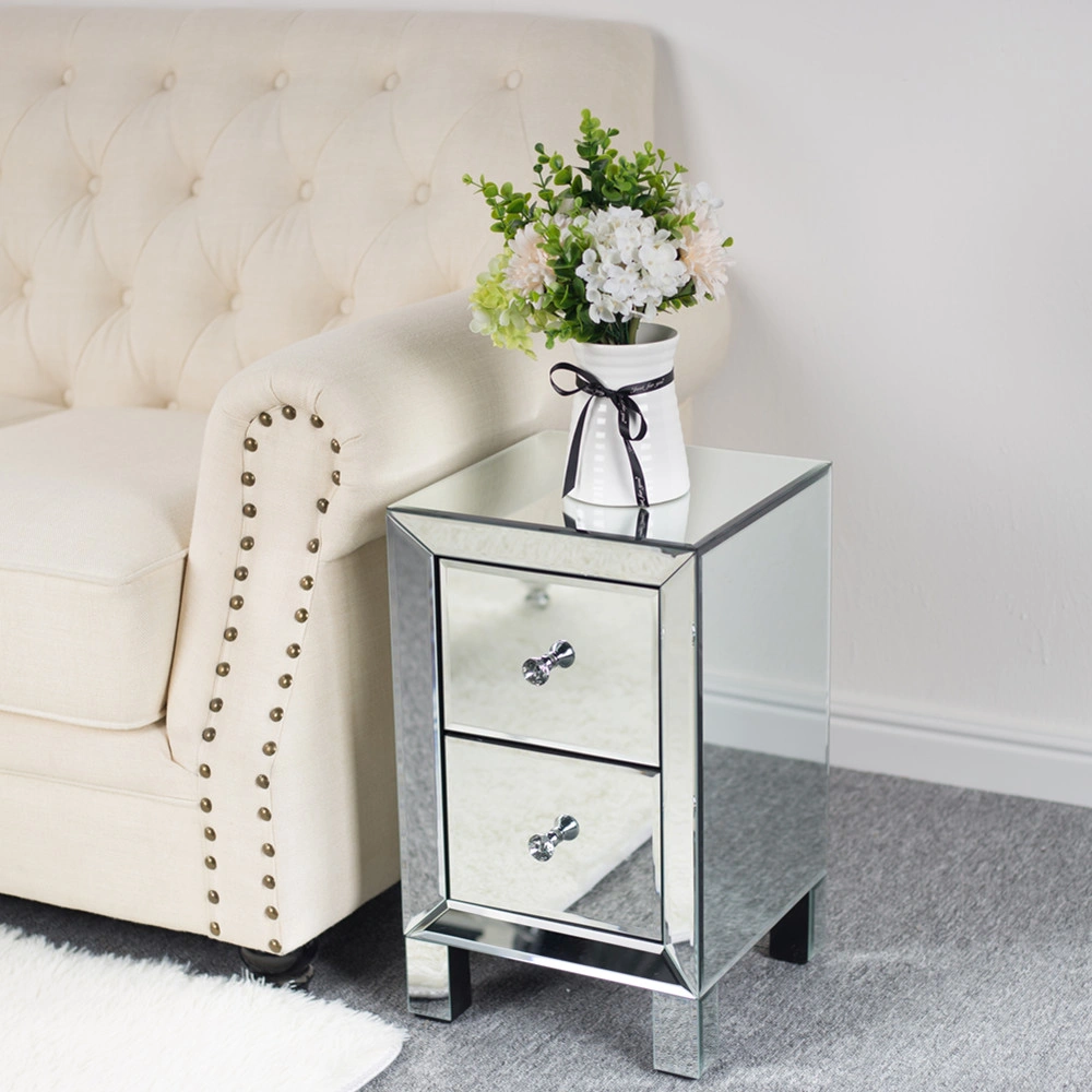 Silver Mirror Bedside Table with Two Drawers, Modern Nightstand with Mirror Front for Bedroom Storage