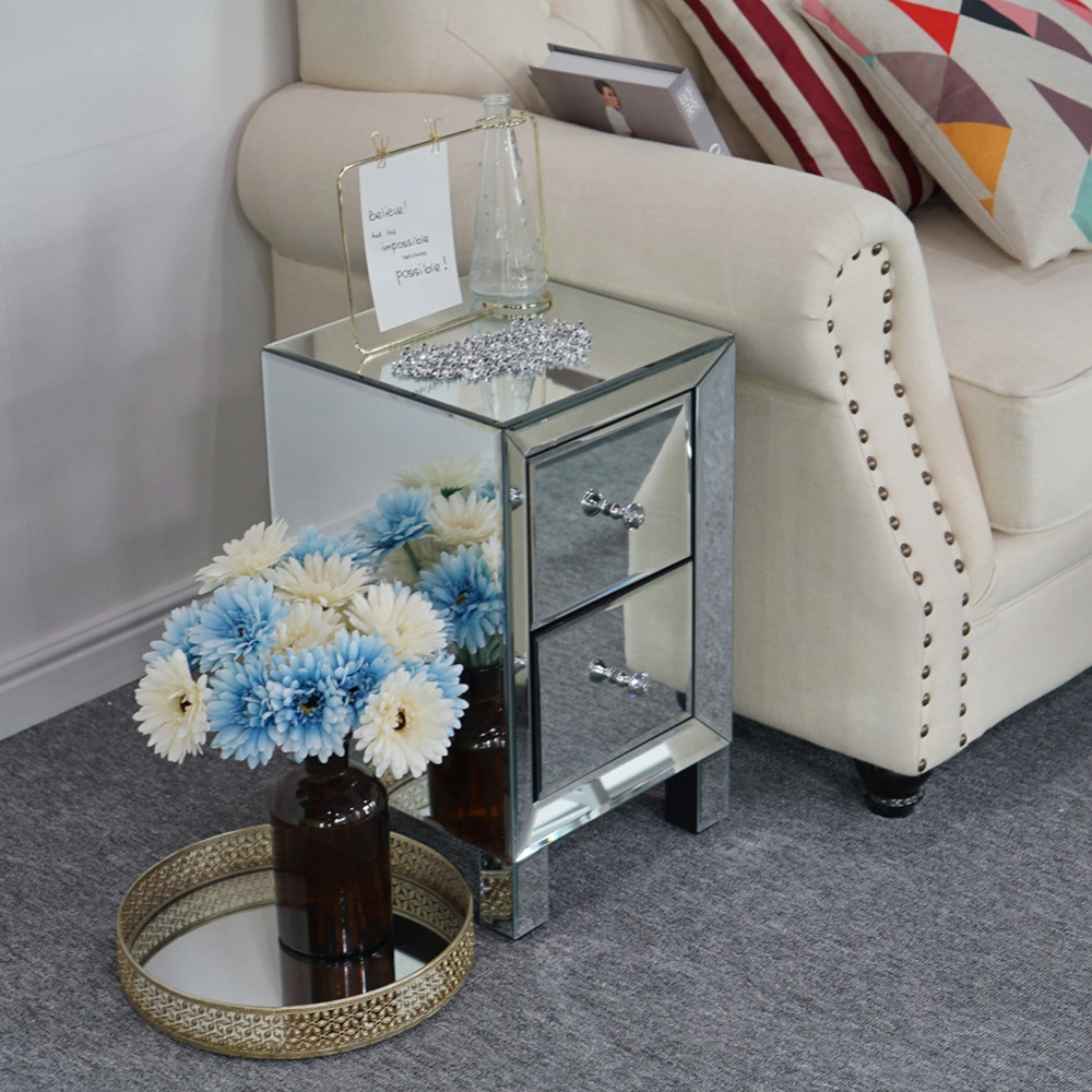 Silver Mirror Bedside Table with Two Drawers, Modern Nightstand with Mirror Front for Bedroom Storage view 2