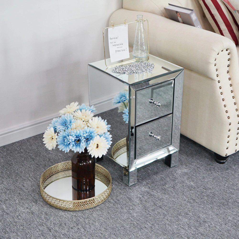 Silver Mirror Bedside Table with Two Drawers, Modern Nightstand with Mirror Front for Bedroom Storage view 3