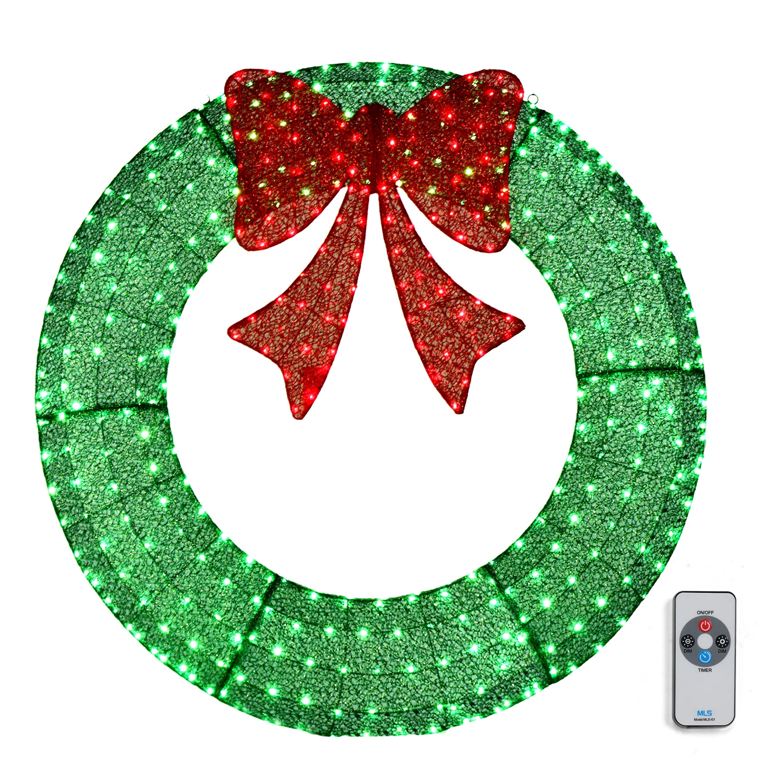 120cm Pre-lit Outdoor Christmas Wreath, Lighted Metal Wreath with Red Bow, Remote Control LED Lights Timer, Indoor Outdoor Holiday Party Decor, Green