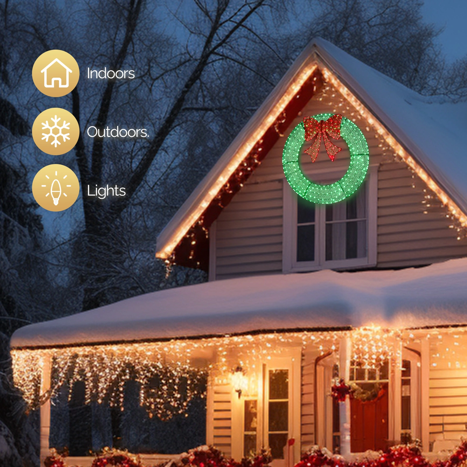120cm Pre-lit Outdoor Christmas Wreath, Lighted Metal Wreath with Red Bow, Remote Control LED Lights Timer, Indoor Outdoor Holiday Party Decor, Green view 6