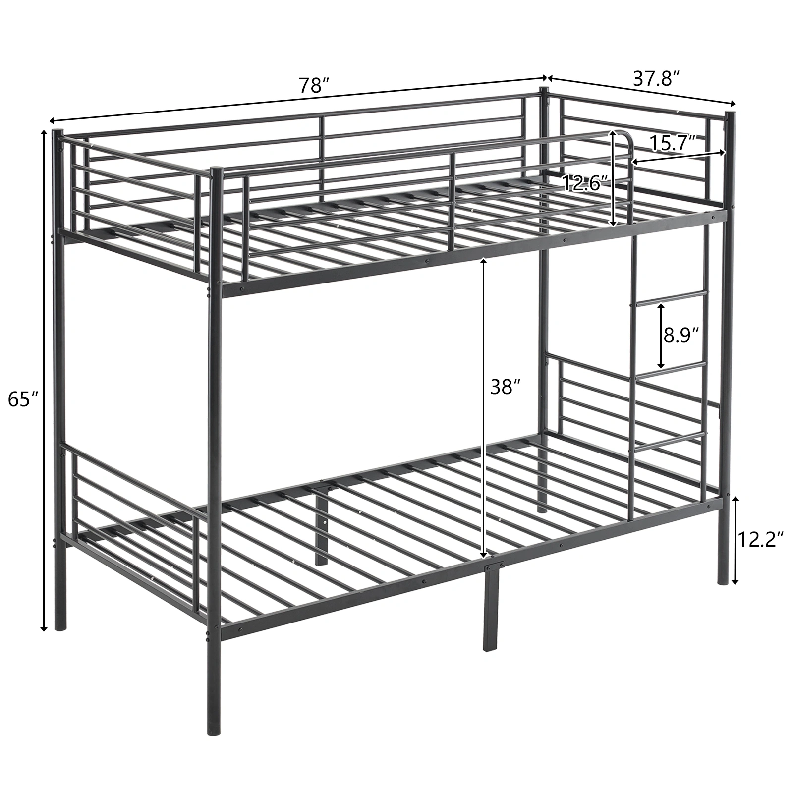Twin Over Twin Bunk Bed, Heavy Duty Metal Loft Bed with Ladder & Full-Length Guard Rails & Storage Shelf, Black, for Kids Teens Adults view 2