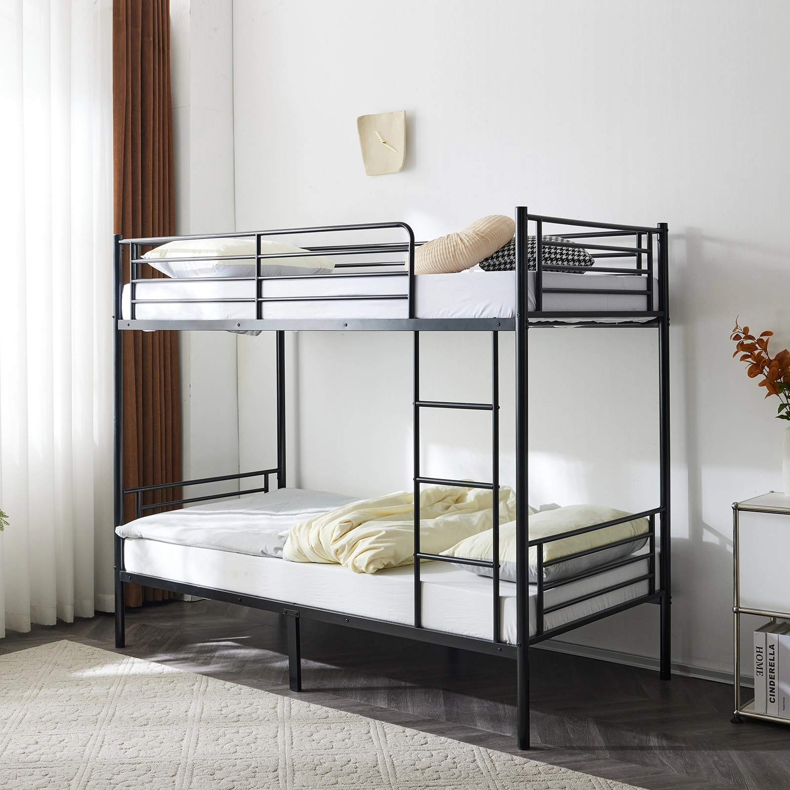 Twin Over Twin Bunk Bed, Heavy Duty Metal Loft Bed with Ladder & Full-Length Guard Rails & Storage Shelf, Black, for Kids Teens Adults view 3