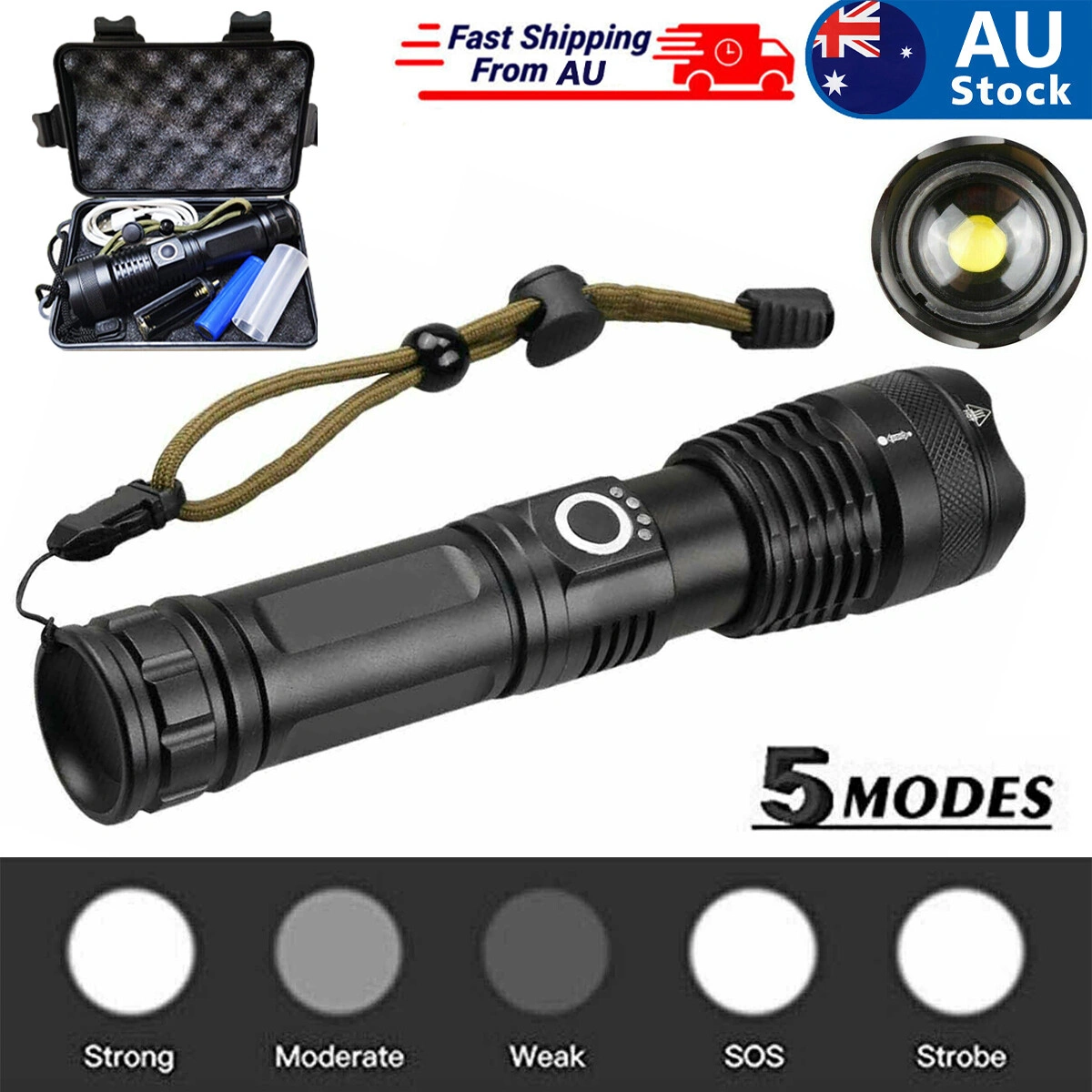 USB Rechargeable LED Flashlight 5 Modes Outdoor Camping Hiking Work Light view 5