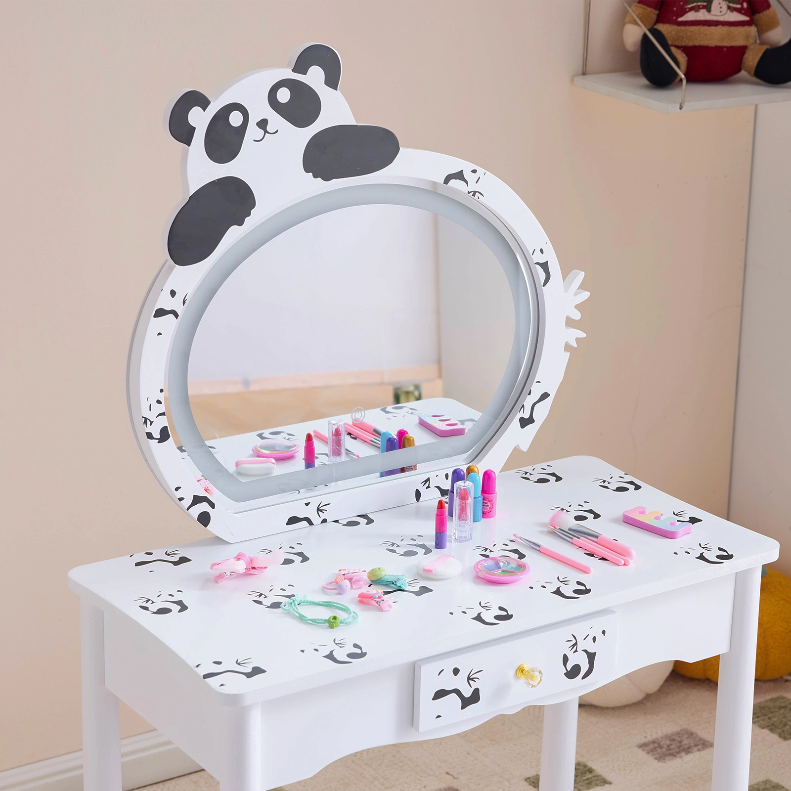 Black and white panda MDF painted finish, solid wood legs, 1-drawer children's dressing table set, LED three-color backlit touch switch view 11