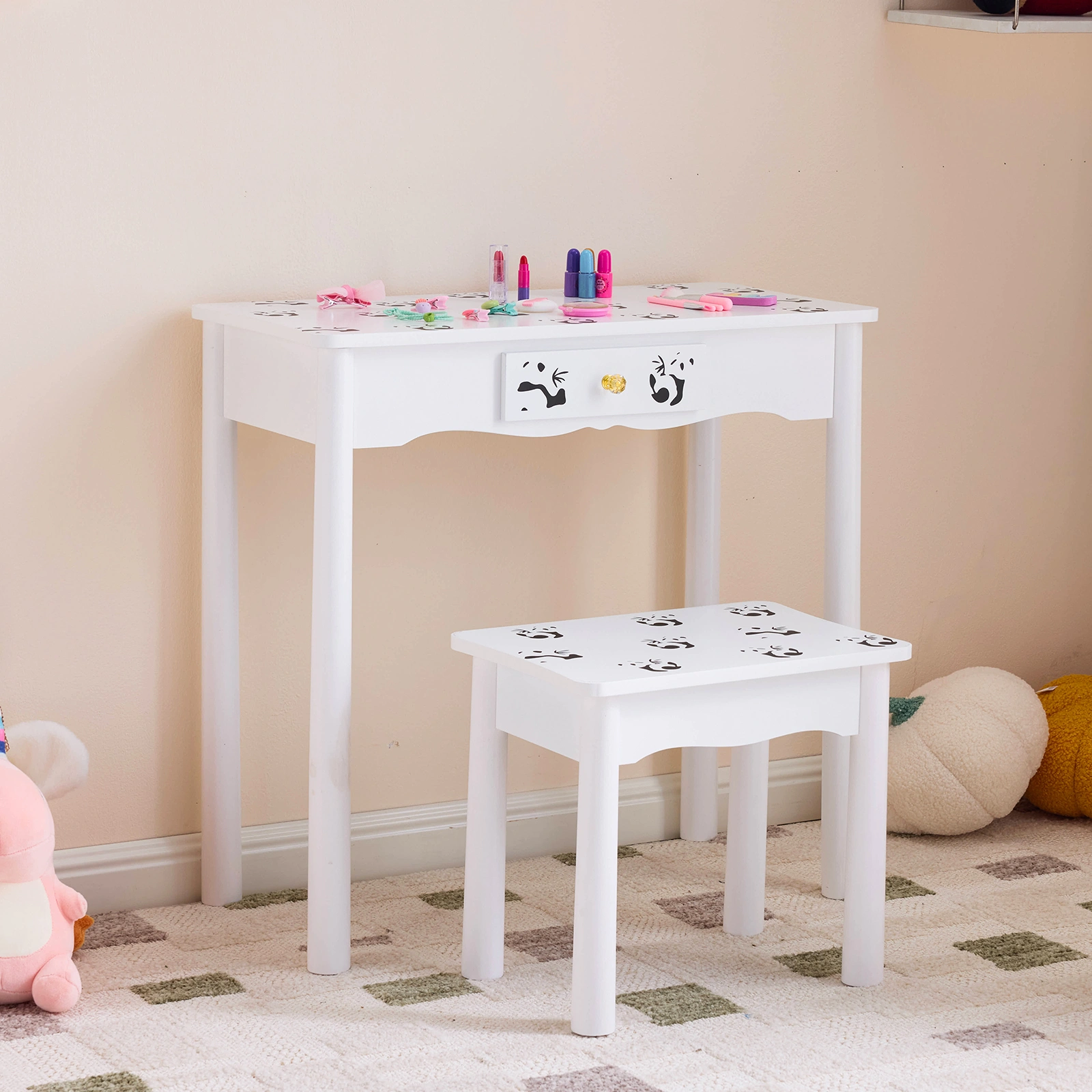 Black and white panda MDF painted finish, solid wood legs, 1-drawer children's dressing table set, LED three-color backlit touch switch view 13