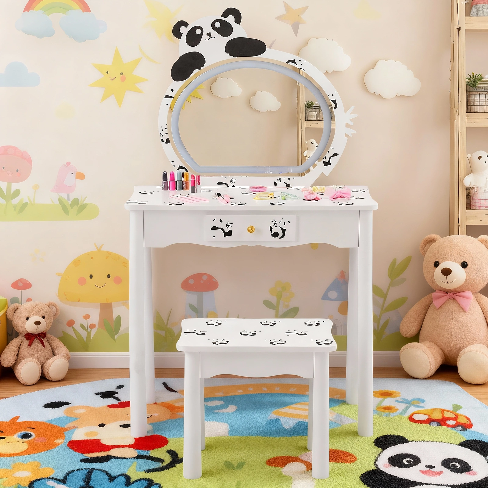 Black and white panda MDF painted finish, solid wood legs, 1-drawer children's dressing table set, LED three-color backlit touch switch view 15