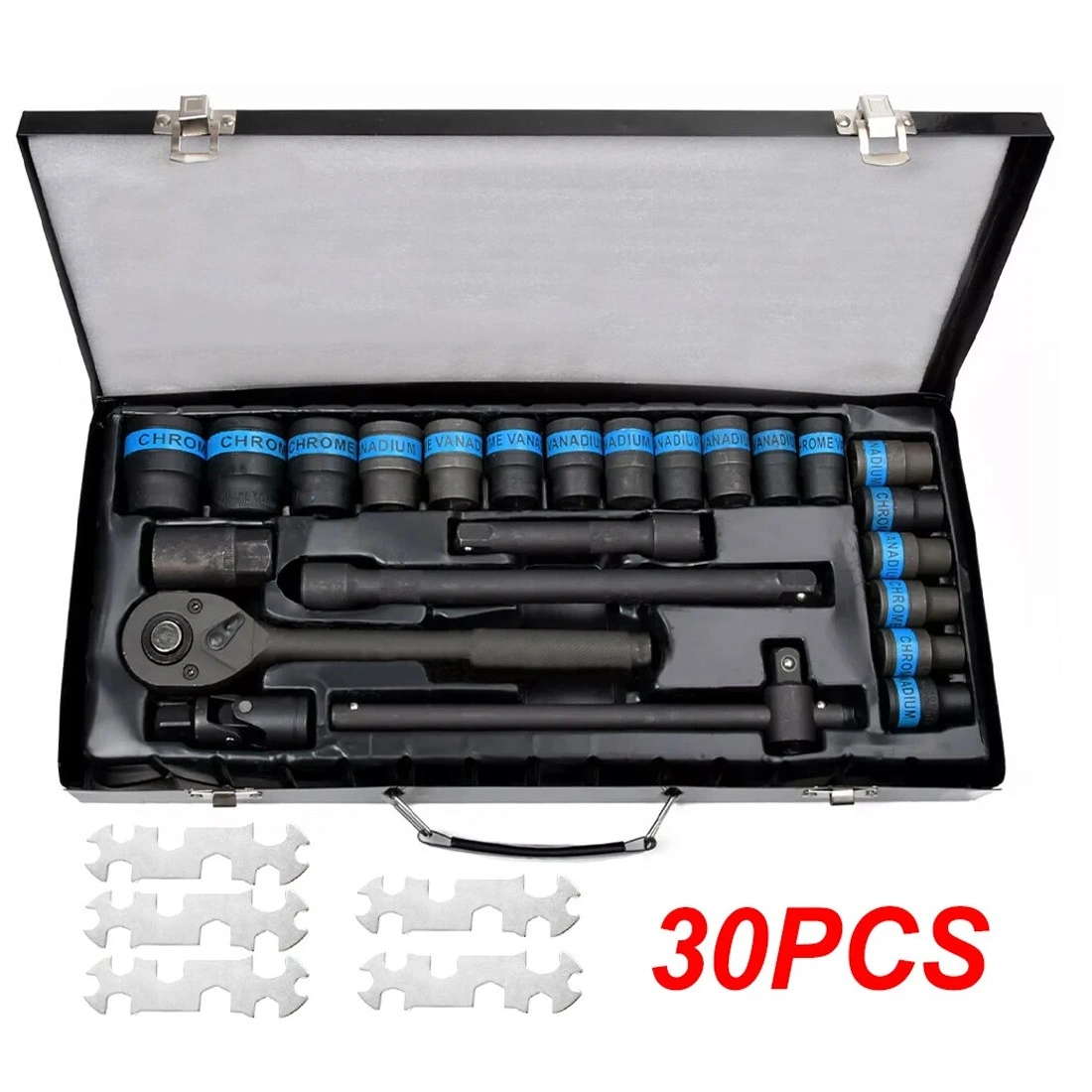 Heavy Duty 1/2 Inch Ratchet Wrench Socket Set 8-32mm Metric with Extension Bar in Metal Case view 2