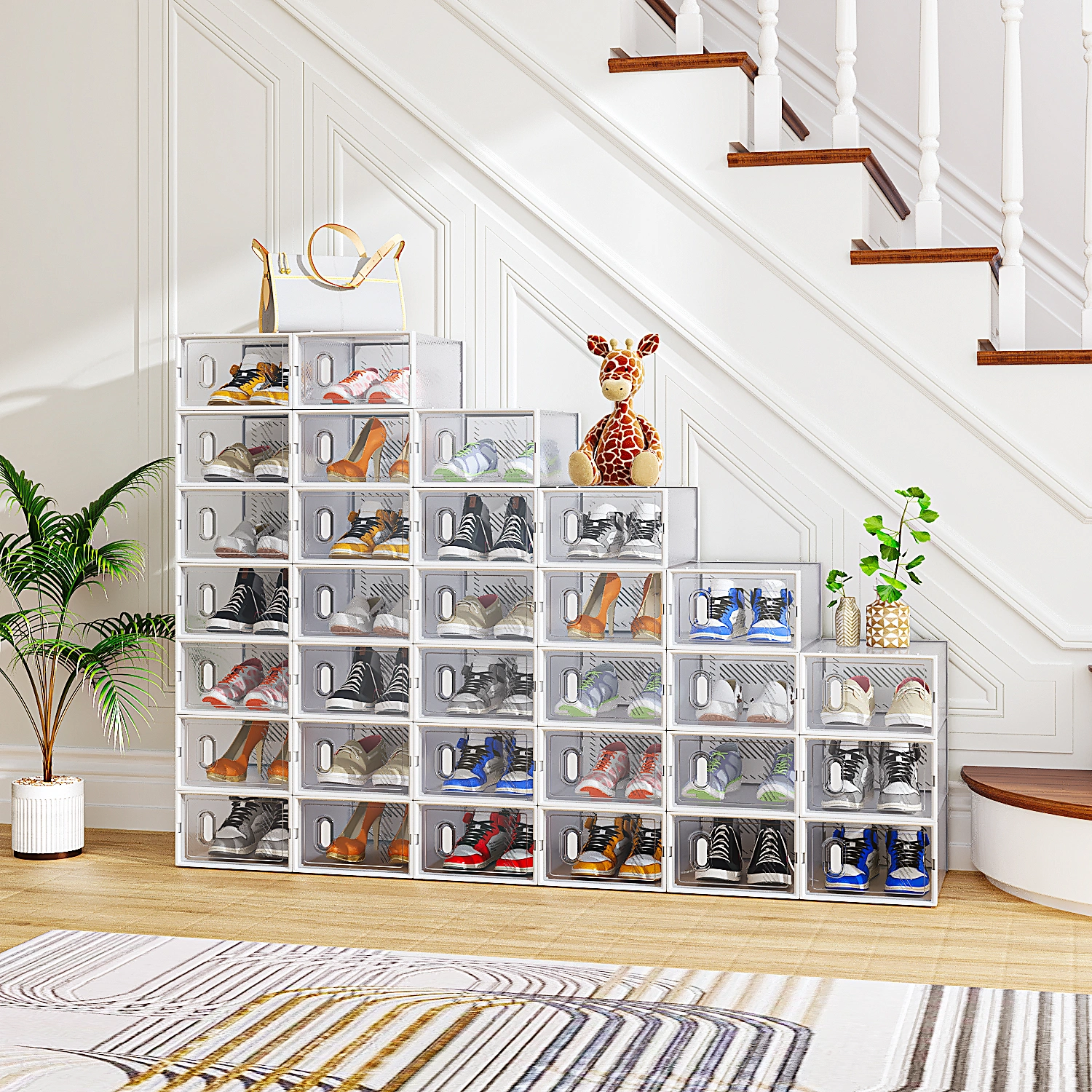 32Pcs White Shoe Boxes, 33x23x14cm Plastic Mesh Storage Containers, Freely Combinable Stackable view 4