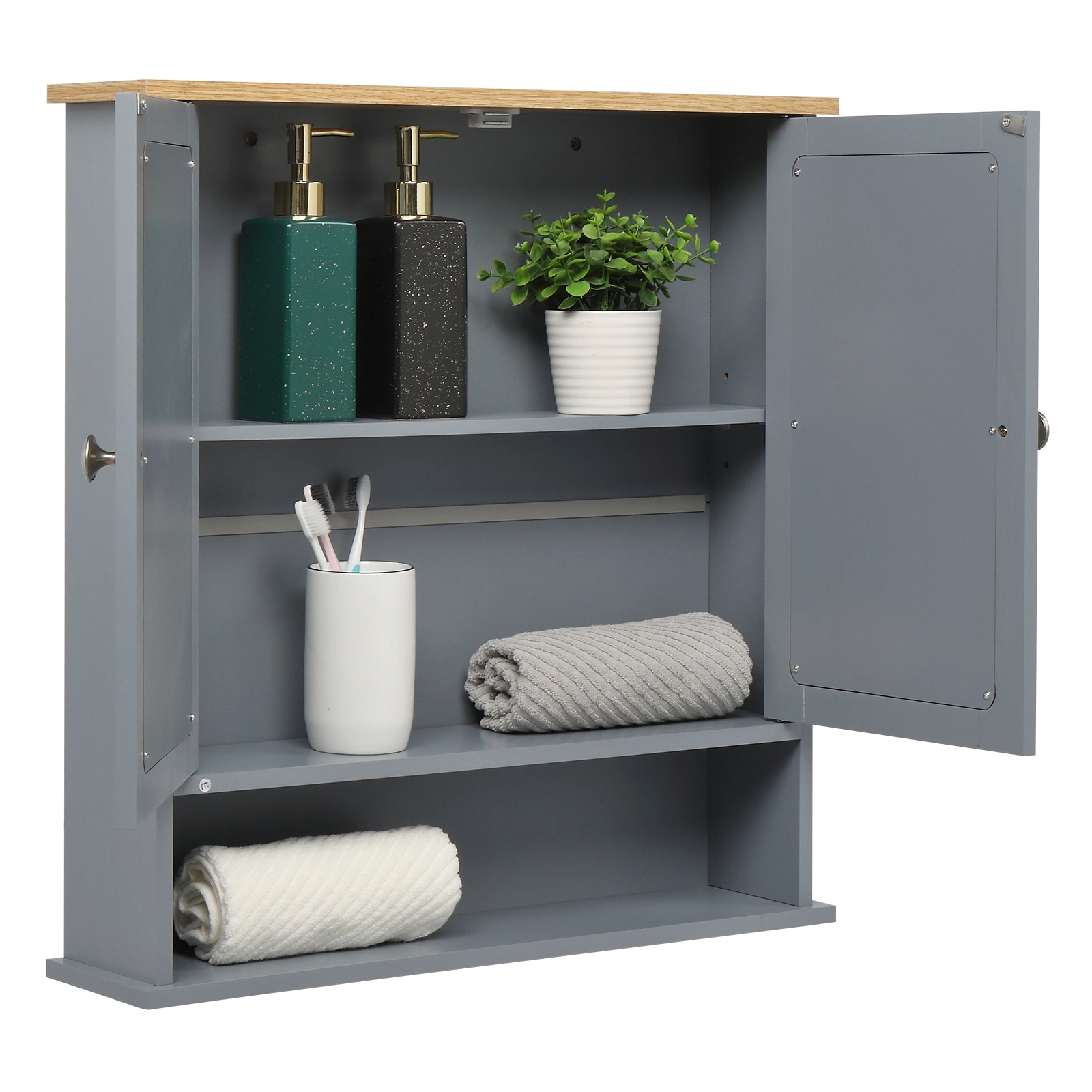 2 Mirror Door 1 Storage Layer MDF Spray Paint Bathroom Wall Cabinet Gray view 11