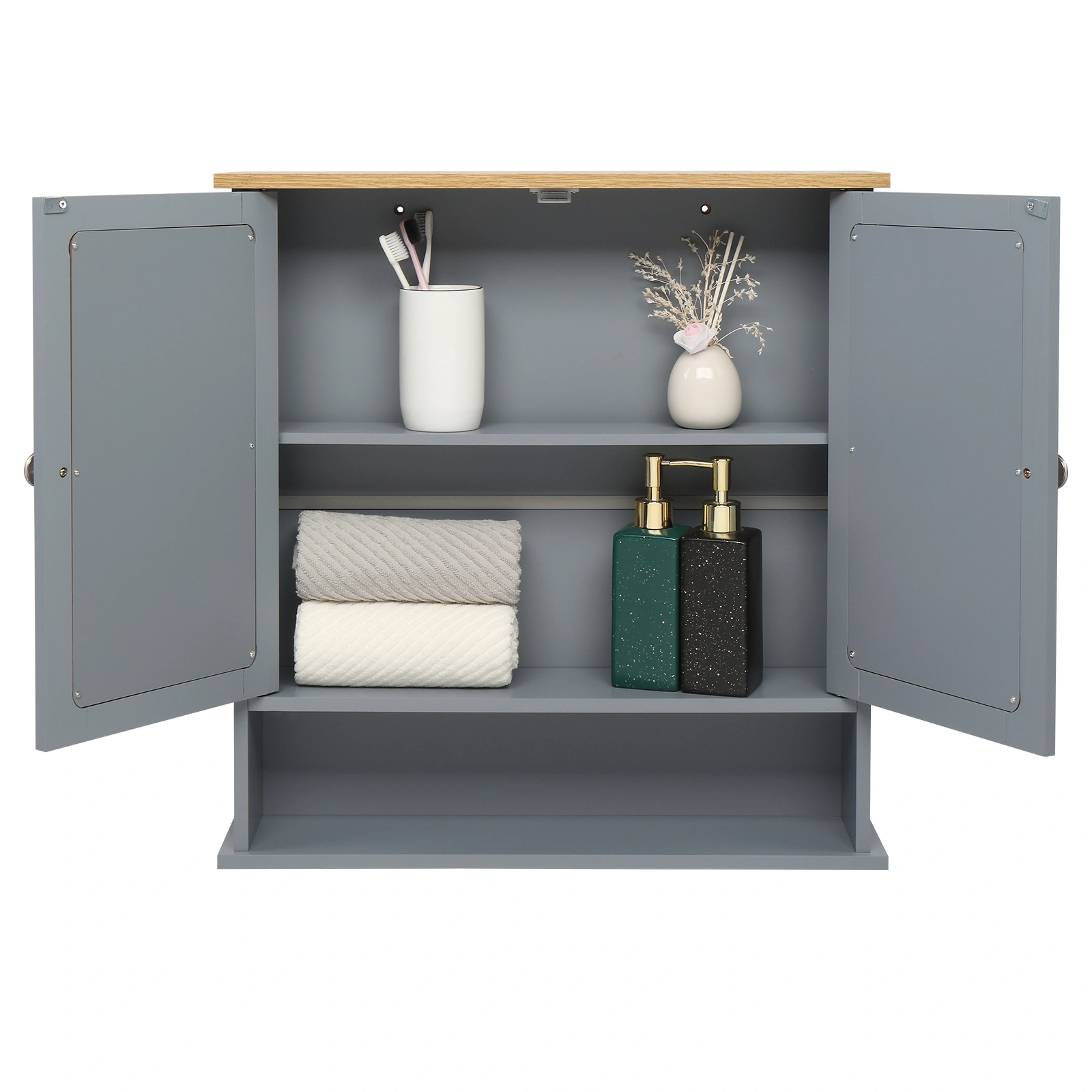 2 Mirror Door 1 Storage Layer MDF Spray Paint Bathroom Wall Cabinet Gray view 14
