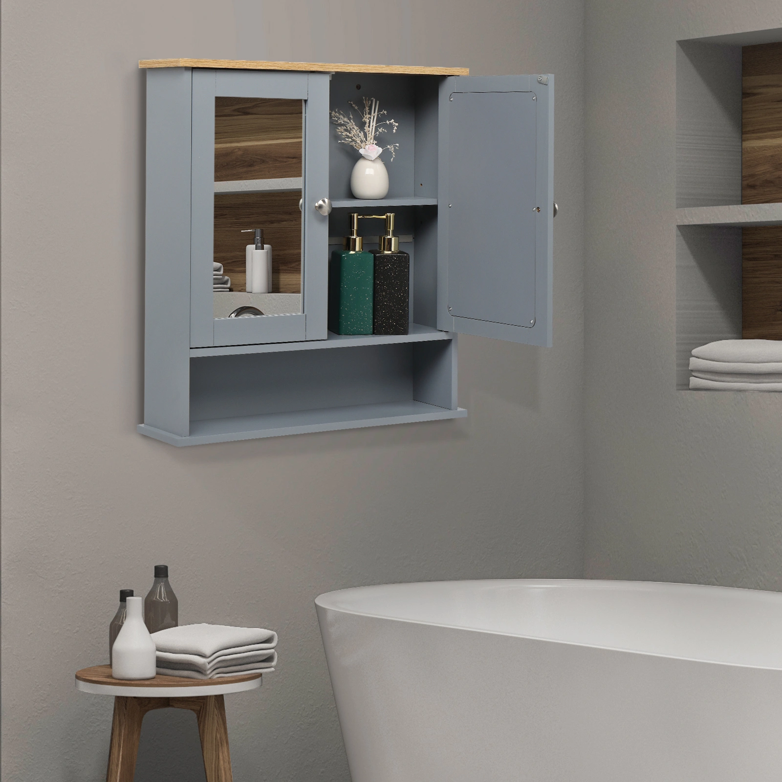 2 Mirror Door 1 Storage Layer MDF Spray Paint Bathroom Wall Cabinet Gray view 2