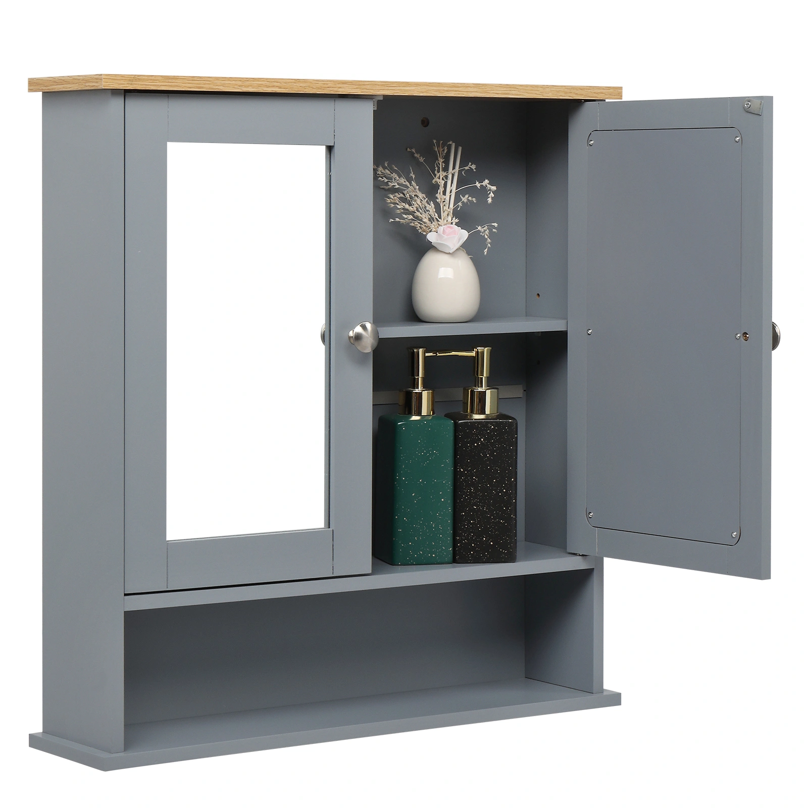 2 Mirror Door 1 Storage Layer MDF Spray Paint Bathroom Wall Cabinet Gray view 7