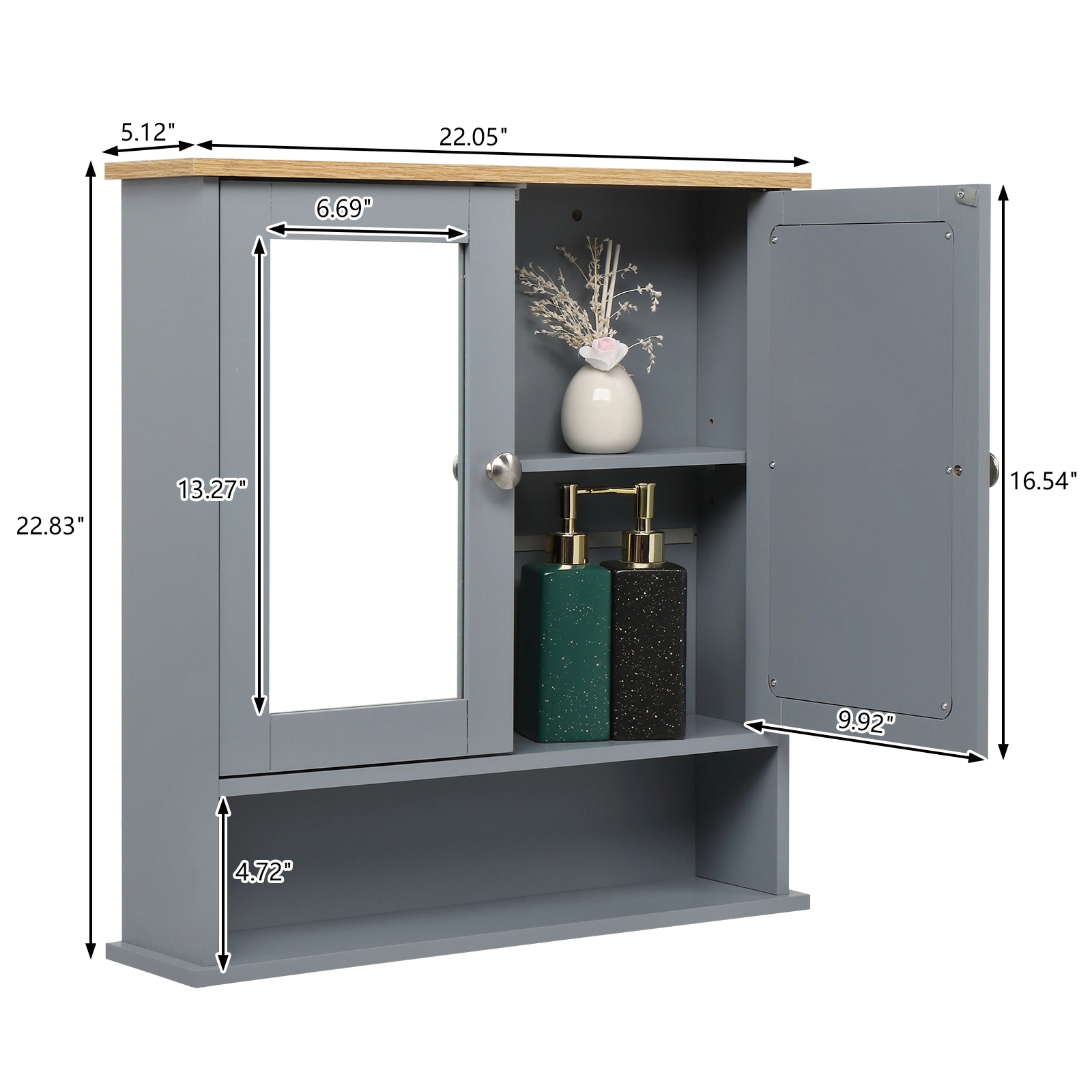 2 Mirror Door 1 Storage Layer MDF Spray Paint Bathroom Wall Cabinet Gray view 8