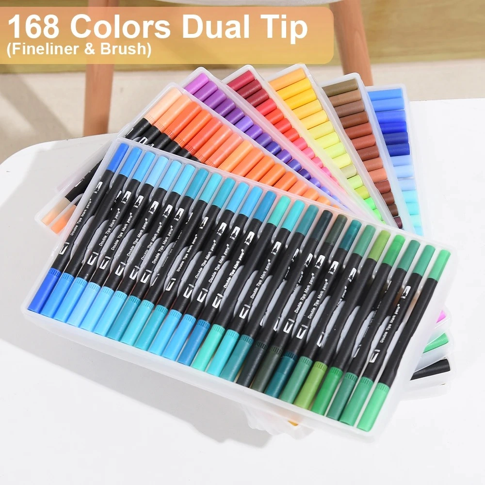 168 Colors Dual Tip Brush Markers Set, Black Barrel Watercolour Pens, Art Markers for Adult Colouring, Drawing, Sketching & Calligraphy with Carry Case