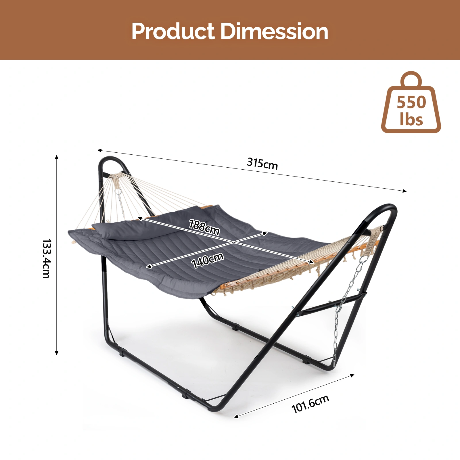 Hammock with Stand, Double-Barrel Hammock with Hammock Bed, Heavy Duty Adjustable Hammock Set for Outdoors, Patio, Yard, Garden, Gray view 3