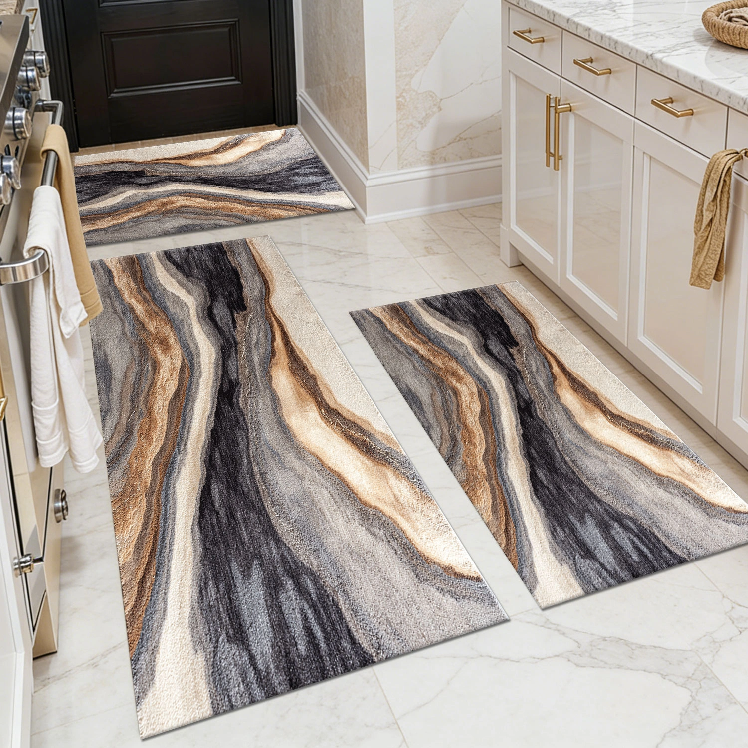 Three-piece kitchen rug set, non-slip and washable, abstract pattern kitchen hallway rug, soft and comfortable, suitable for sinks, floors, entrances, hallways and bathrooms.