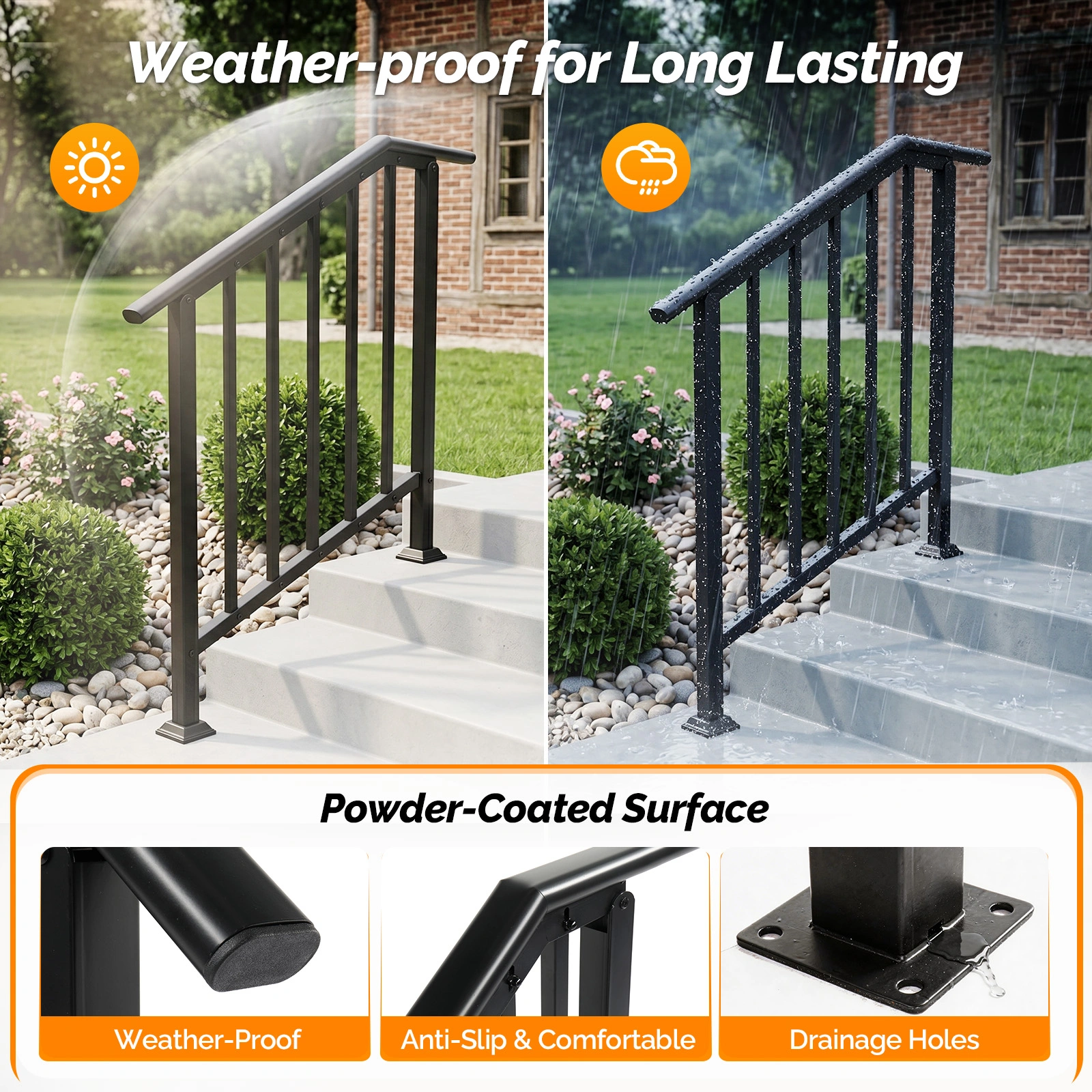 Handrails for Outdoor Steps Fits 2 to 3 Steps view 10