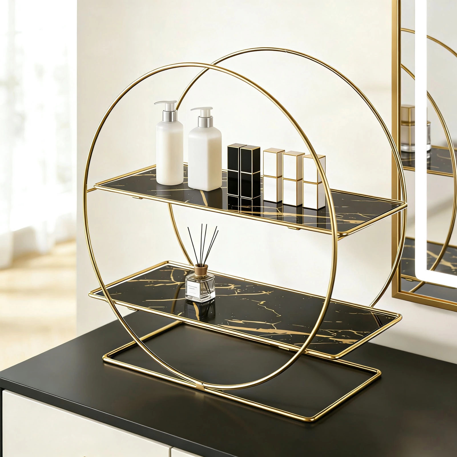 Black Iron 2-Tier Bathroom Counter Organizer Shelf - Multi-Purpose Countertop Storage for Cosmetics, Skincare, Toiletries view 2