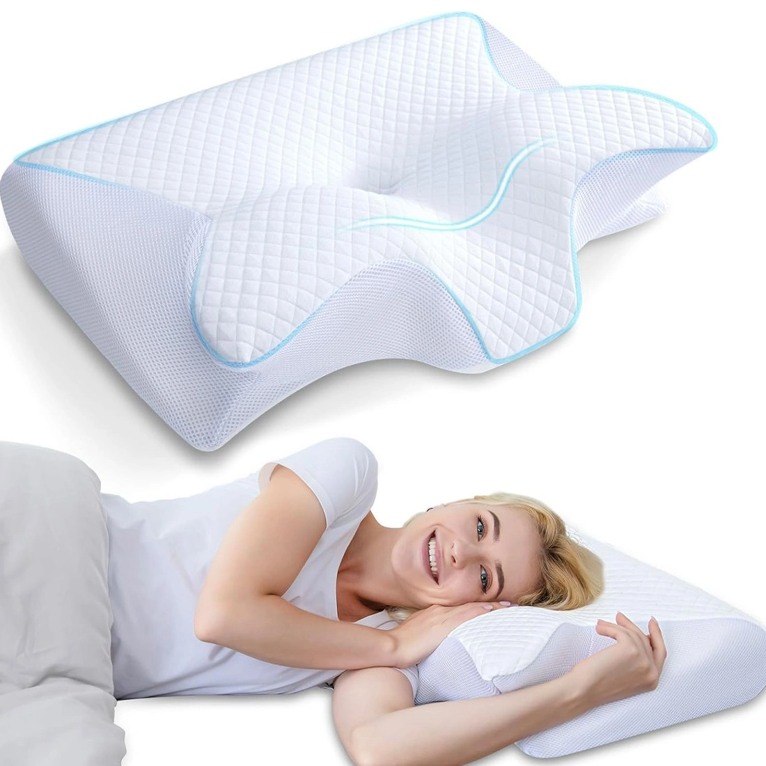 Ergonomic Memory Foam Cervical Neck Pillow for Shoulder Pain Relief, Orthopedic Support Bed Pillow, White view 3