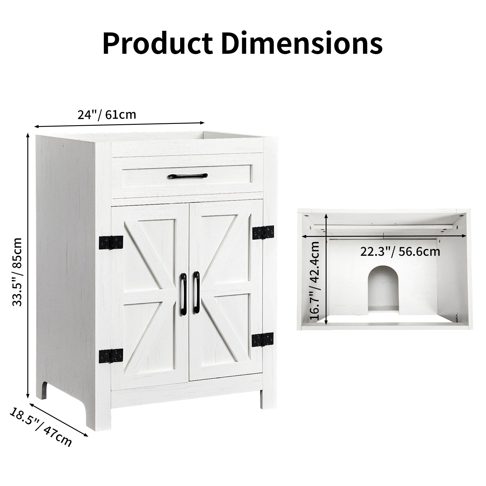 Washed white particleboard with melamine veneer, barn double door with U-shaped internal shelves, washbasin cabinet, 61*47*85cm (24 inches) view 6