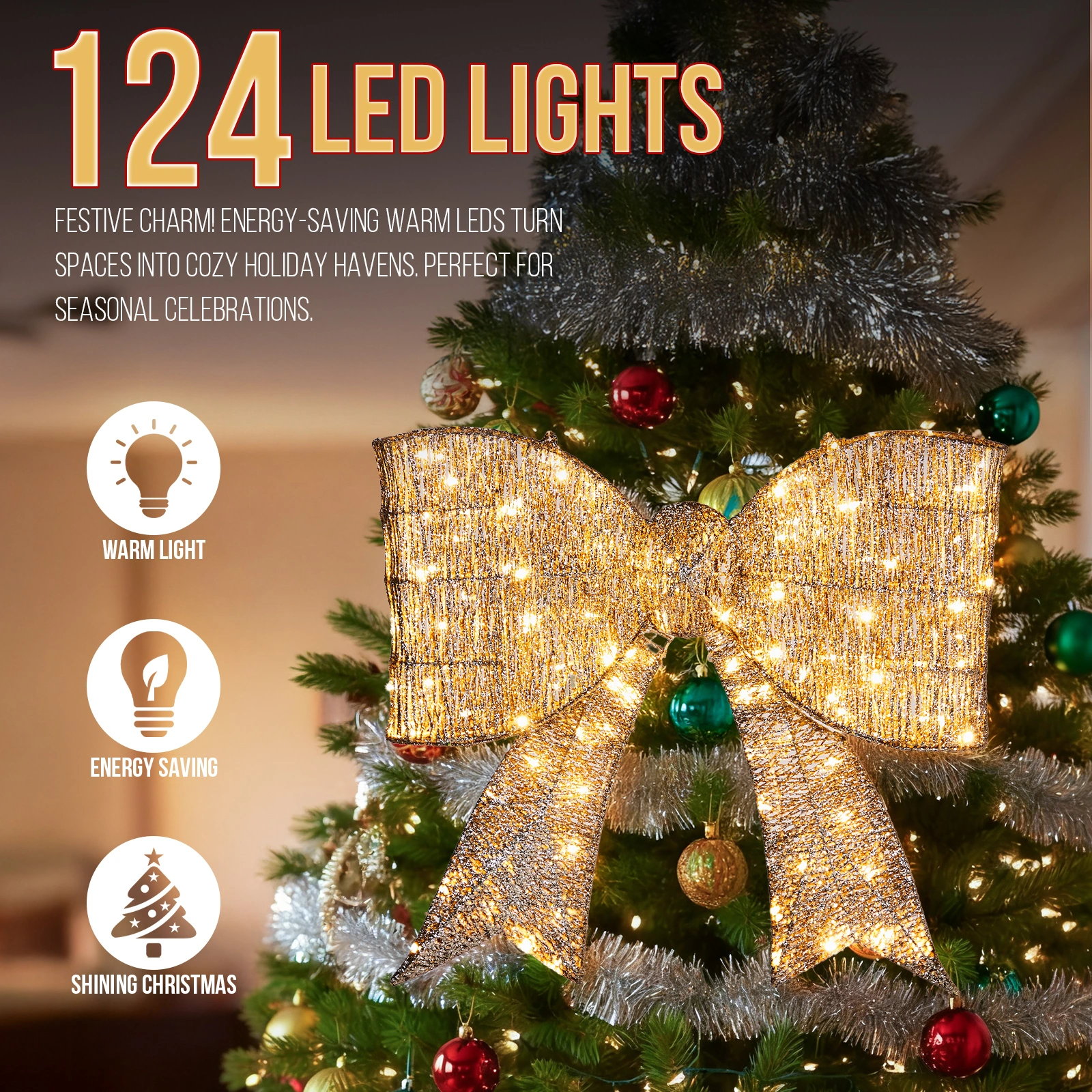 Giant Pre-Lit Bowknot Christmas Decoration, Lighted Metal Frame with 124 Warm White LED Lights, Outdoor Indoor Holiday Party Ornament for Door Gate Wall, Golden view 11