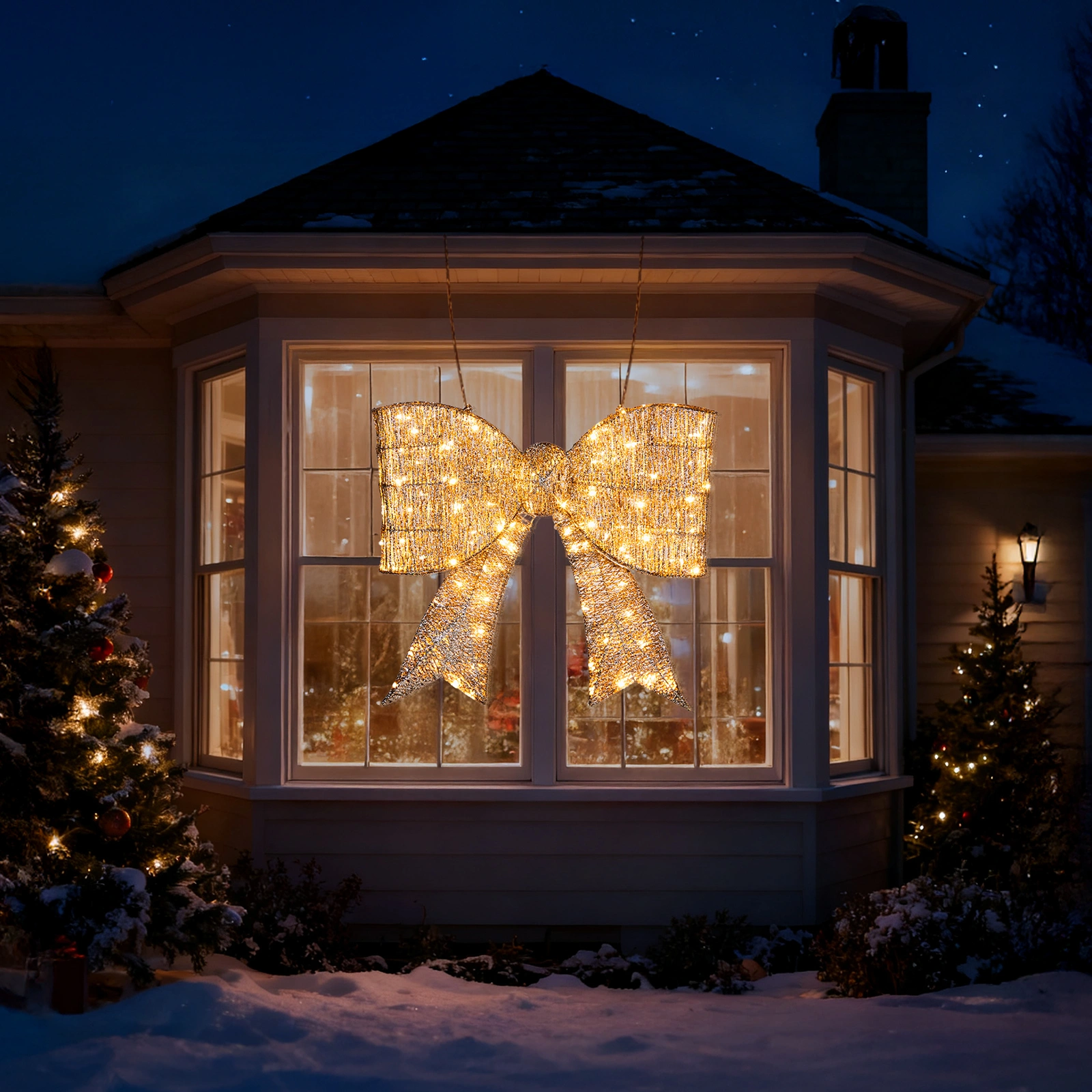 Giant Pre-Lit Bowknot Christmas Decoration, Lighted Metal Frame with 124 Warm White LED Lights, Outdoor Indoor Holiday Party Ornament for Door Gate Wall, Golden view 3