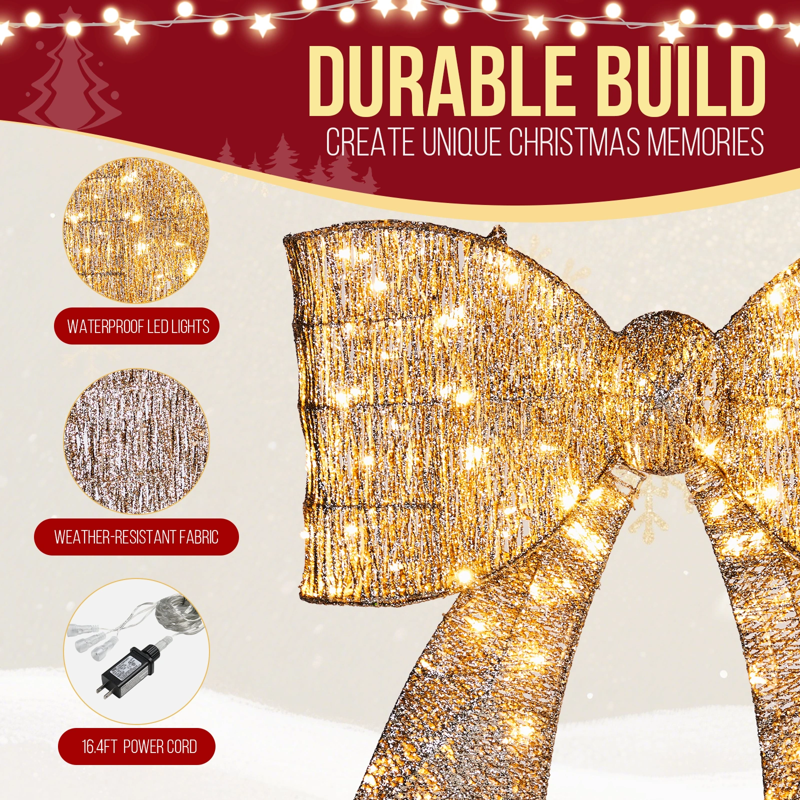 Giant Pre-Lit Bowknot Christmas Decoration, Lighted Metal Frame with 124 Warm White LED Lights, Outdoor Indoor Holiday Party Ornament for Door Gate Wall, Golden view 6