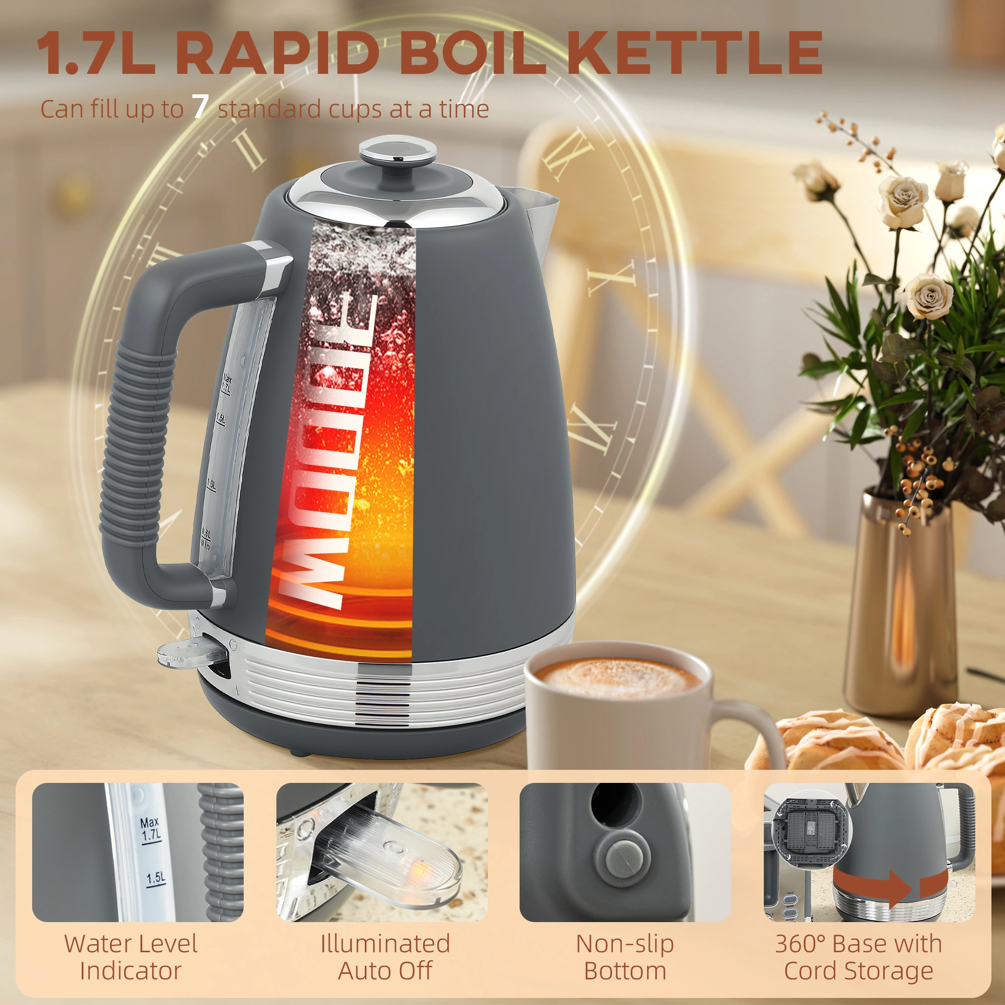 Electric Kettle and Toaster Combo Set, 1500W Fast Boil & Toast, Heat Resistant Handles view 4