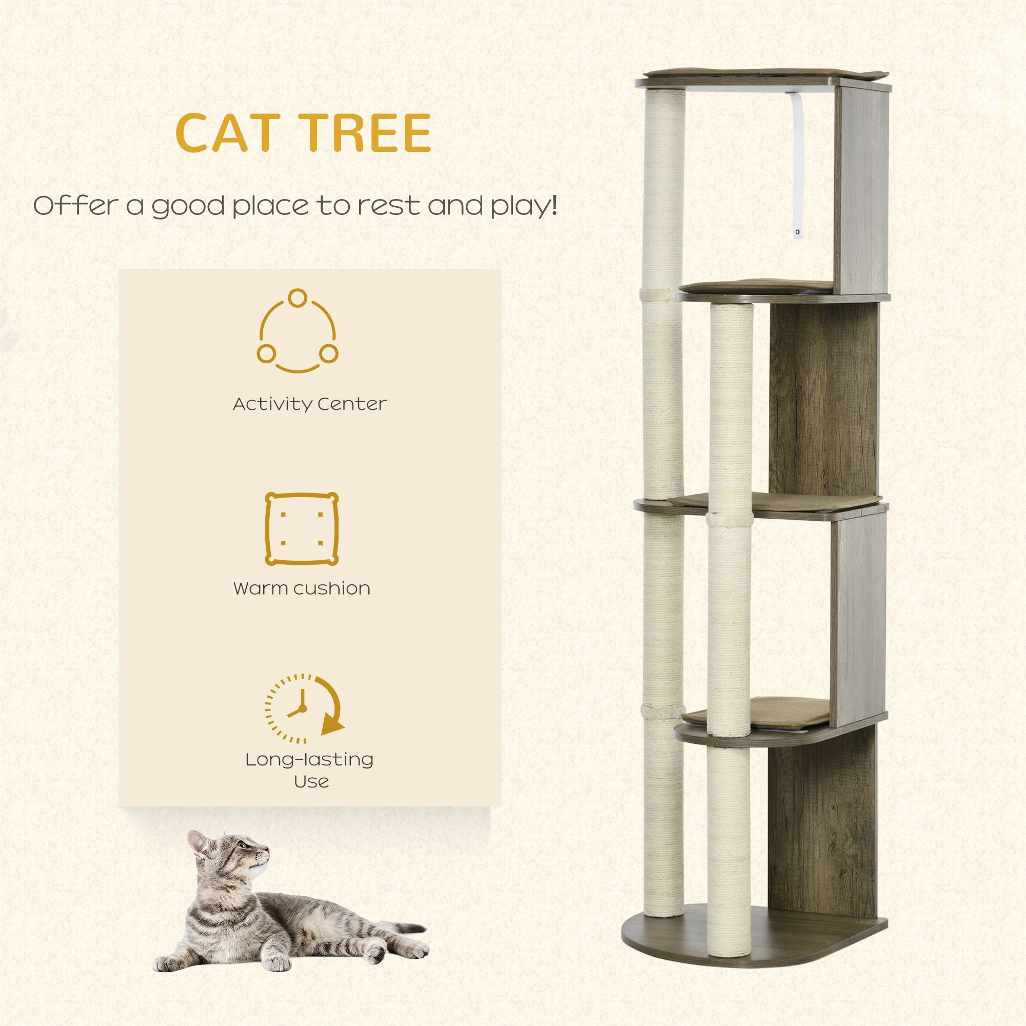 Cat Tree Multi-Level Cat Condo Tower with Sisal Scratching Posts, Plush Beds, Hammock & Perches for Indoor Cats Kittens Small Pets, Beige Gray view 3