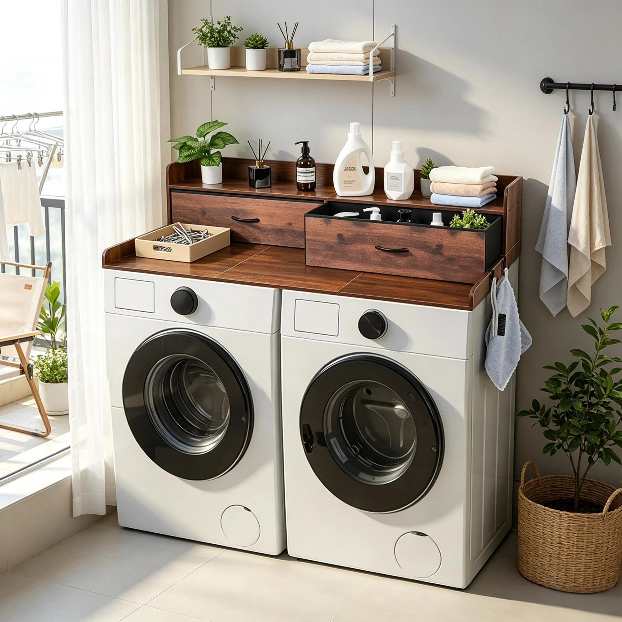 54" x 27.5" Wooden Washer Dryer Countertop with Shelf, 2 Drawers & Hooks, Brown Laundry Machine Topper for Closet, Pantry Organization