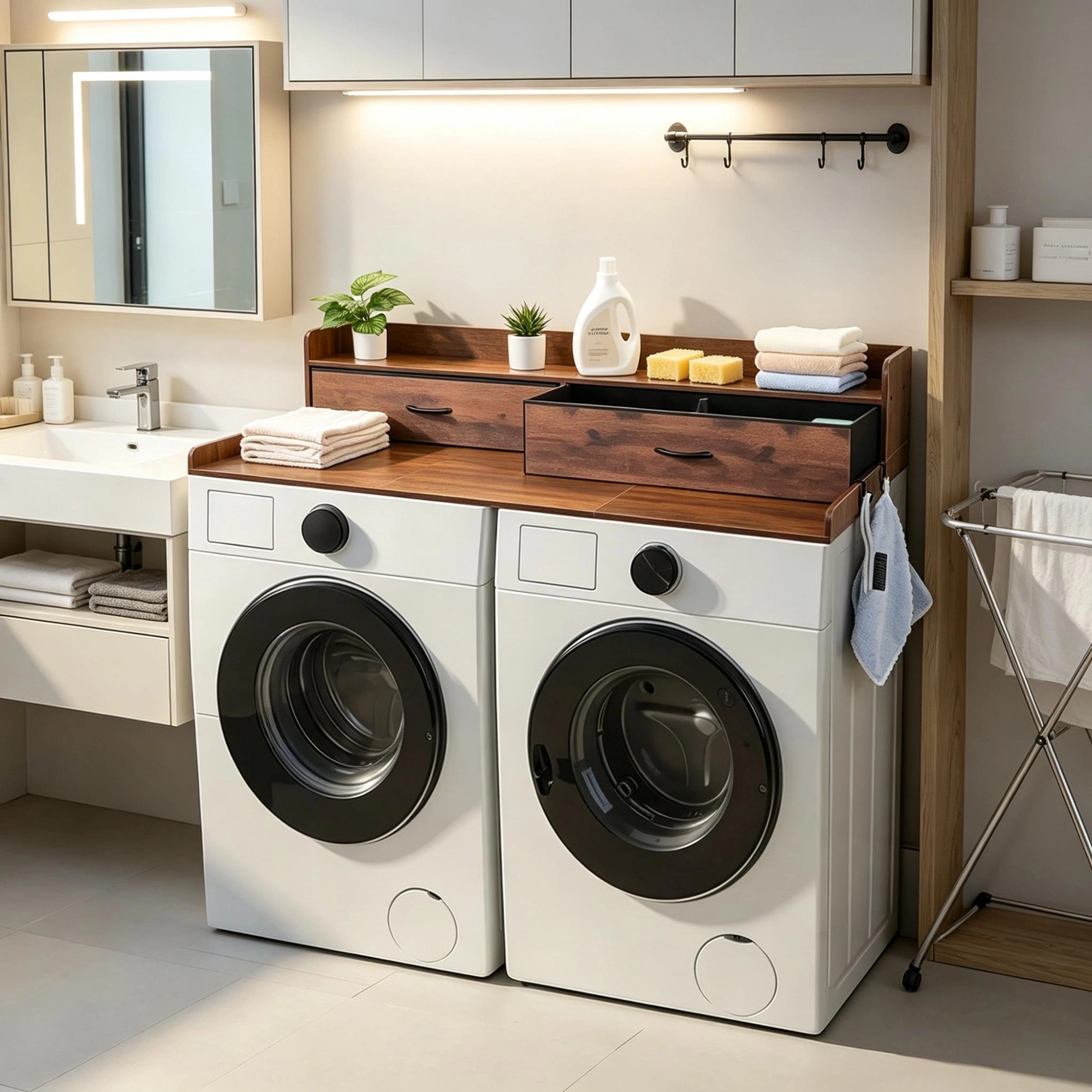 54" x 27.5" Wooden Washer Dryer Countertop with Shelf, 2 Drawers & Hooks, Brown Laundry Machine Topper for Closet, Pantry Organization view 3