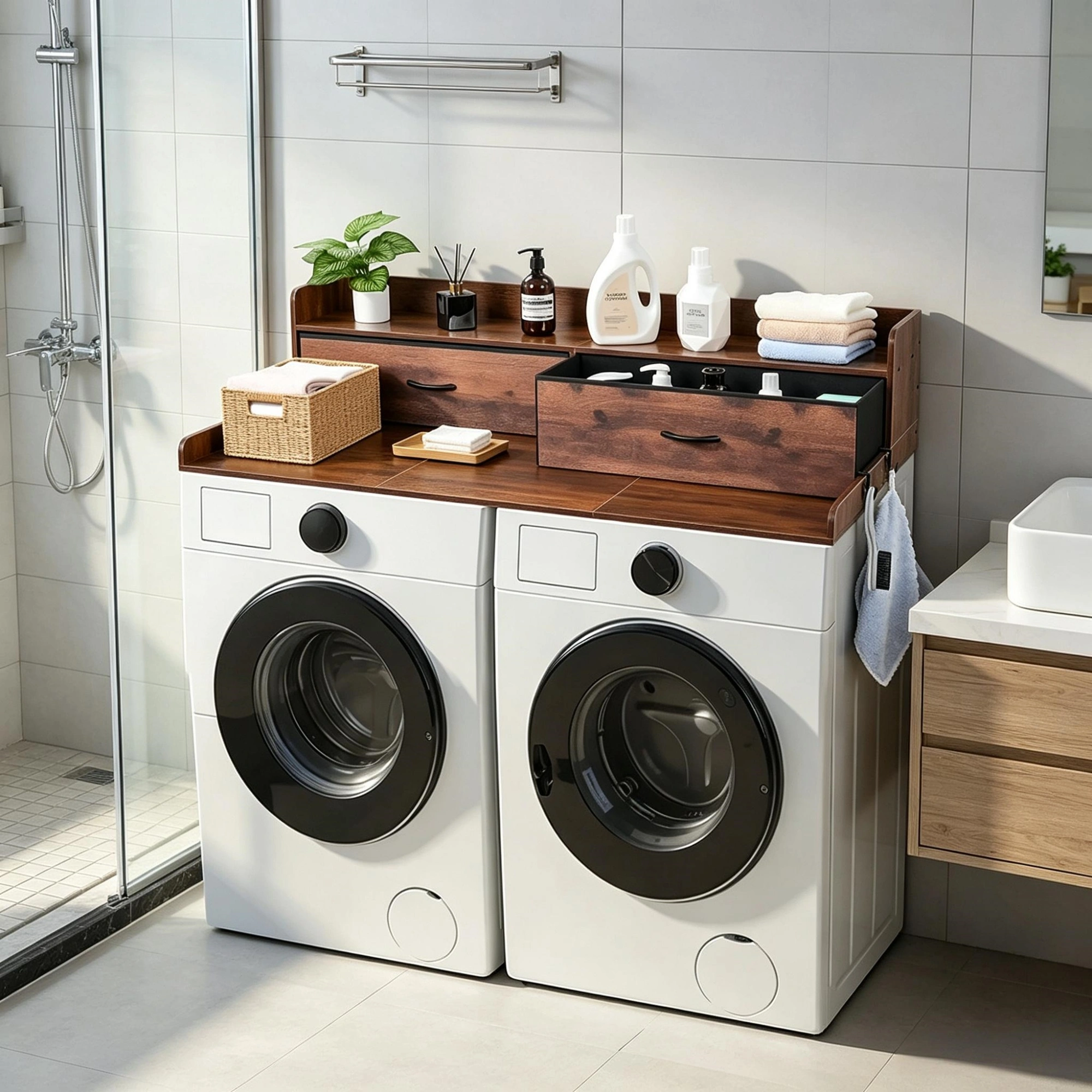 54" x 27.5" Wooden Washer Dryer Countertop with Shelf, 2 Drawers & Hooks, Brown Laundry Machine Topper for Closet, Pantry Organization view 4