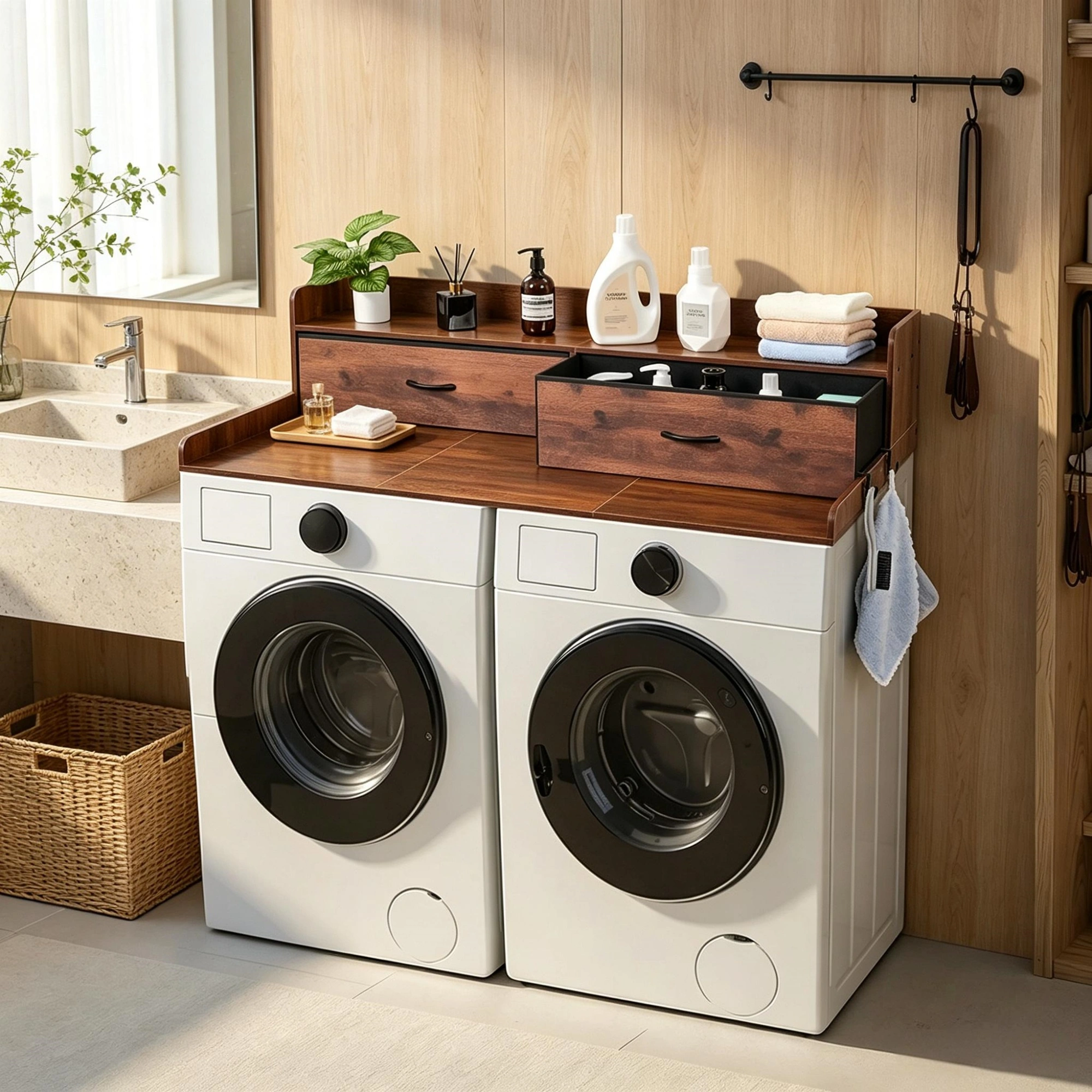 54" x 27.5" Wooden Washer Dryer Countertop with Shelf, 2 Drawers & Hooks, Brown Laundry Machine Topper for Closet, Pantry Organization view 6