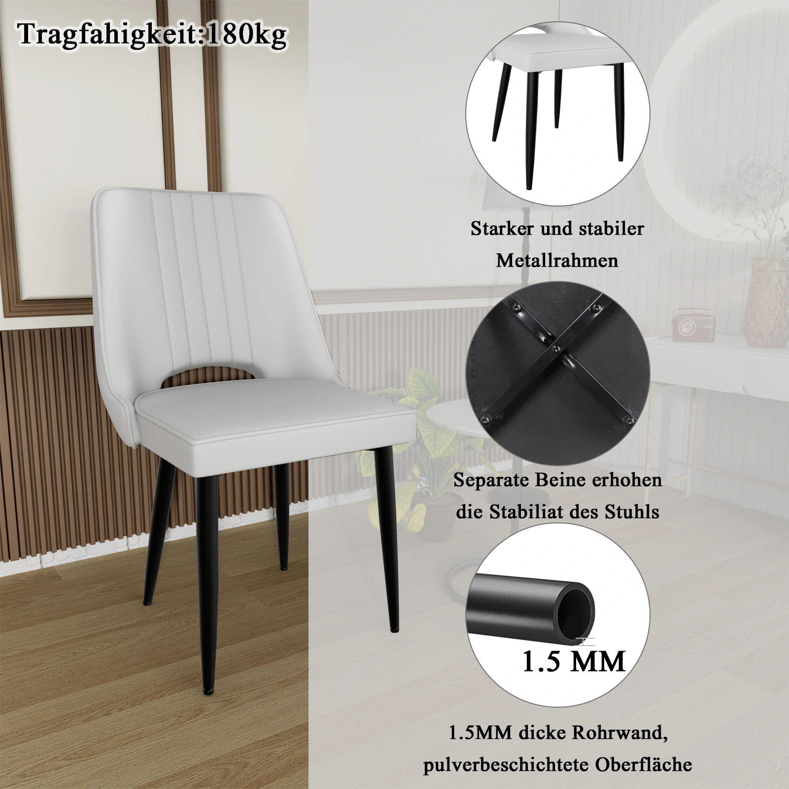 8er Set Esszimmerstühle Kunstleder Hochlehner Gepolstert, Moderne Küchenstühle mit Metallbeinen, Essestuhl für Wohnzimmer & Küche view 3