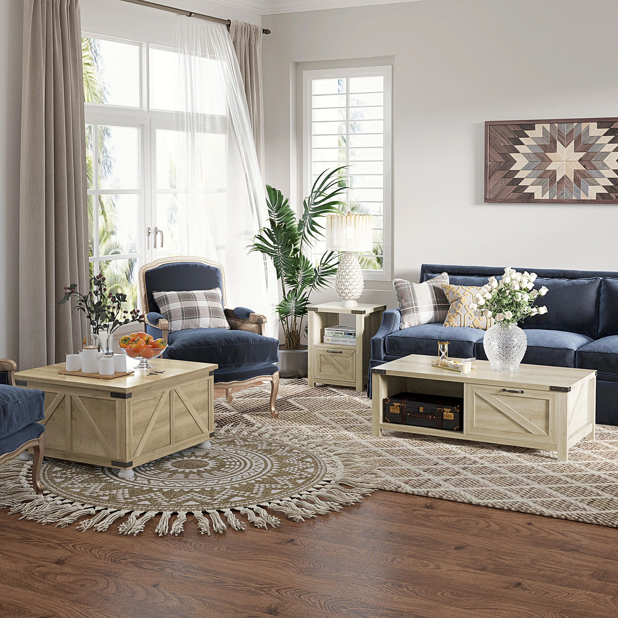 Rattan Coffee Table, Natural Wicker End Table with Storage Shelf for Living Room, Boho Style