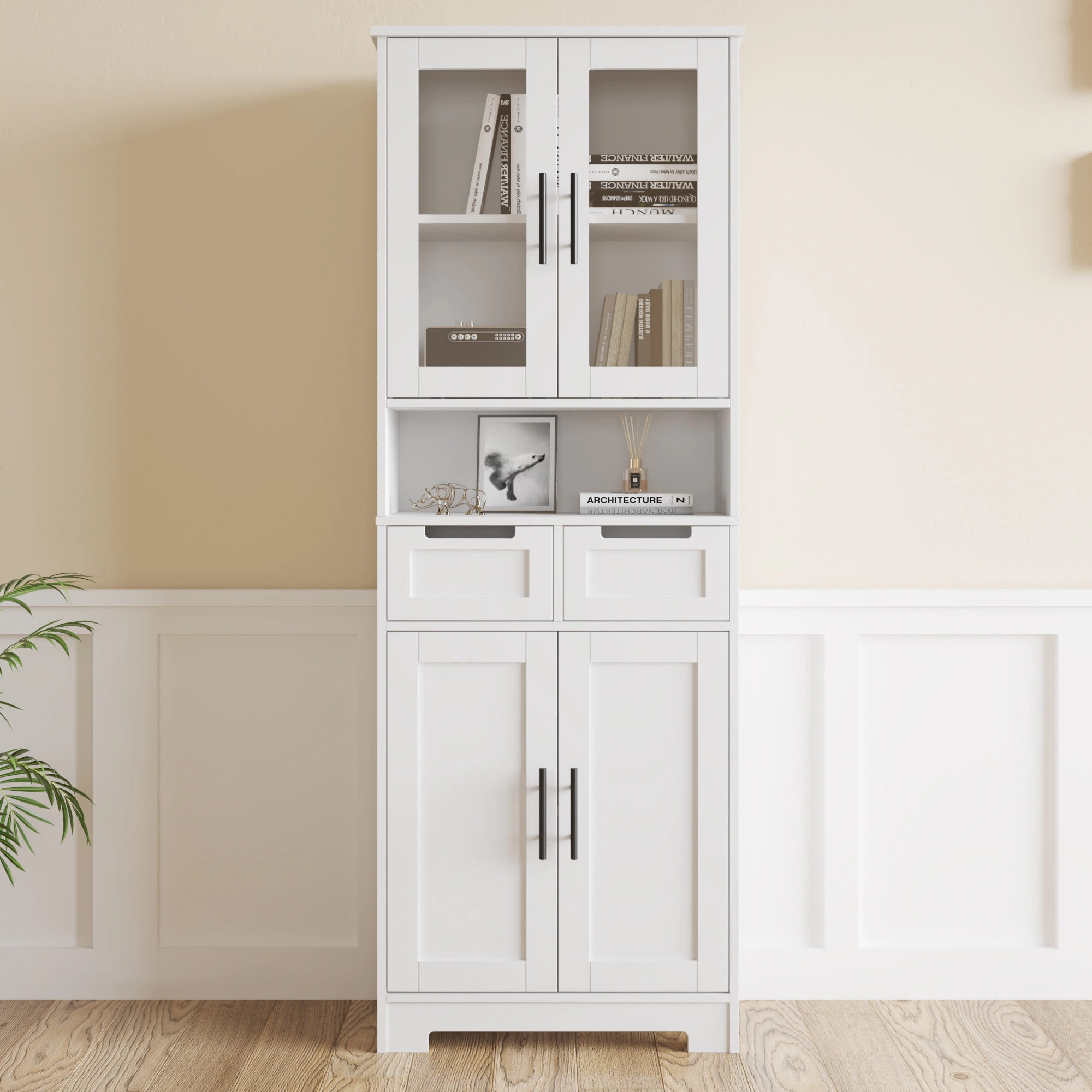 White MDF Bathroom Cabinet, 4-Door Storage Cupboard with Spray Paint Finish, Freestanding Bath Cabinet for Bathroom Organization