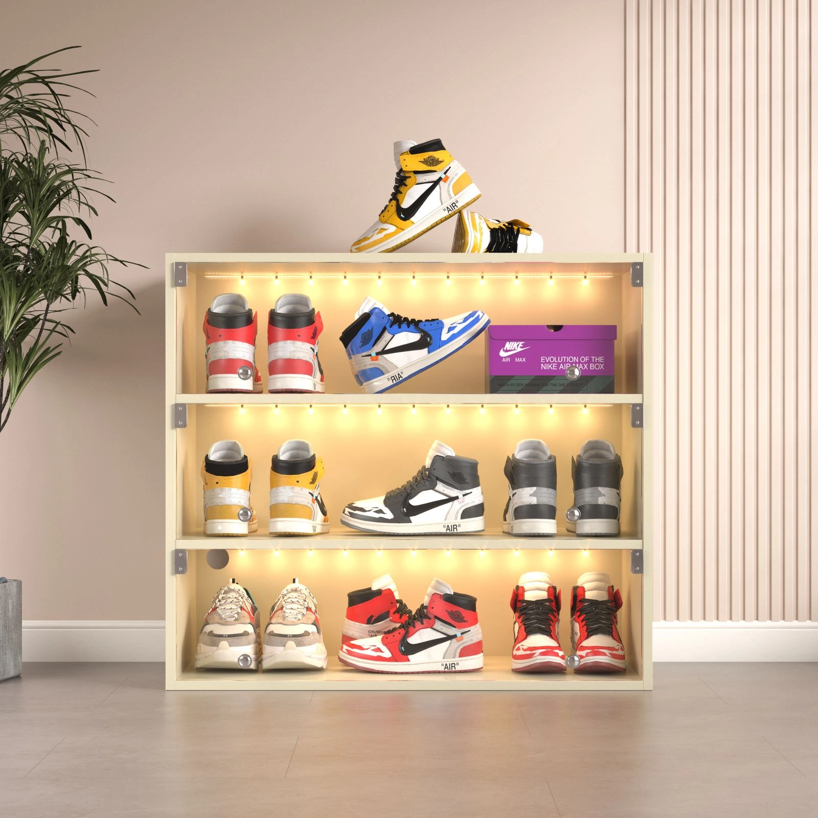 Off white LED light shoe box three layers with glass doors (1 Piece box)