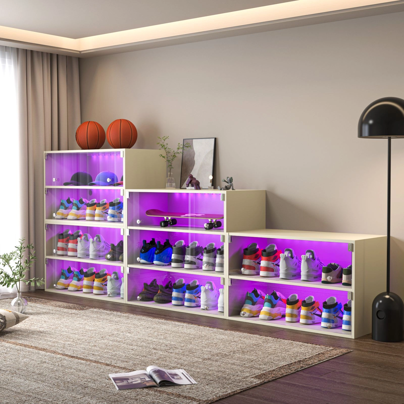 Off white LED light shoe box three layers with glass doors (1 Piece box) view 3