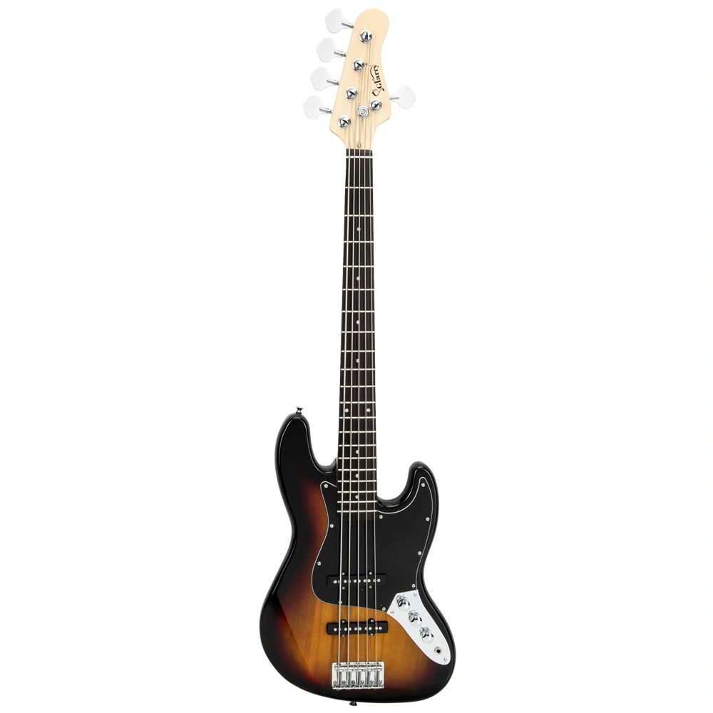 Gjazz Electric 5 String Bass Guitar Full Size Bag Strap Pick Connector Wrench Tool Sunset Color