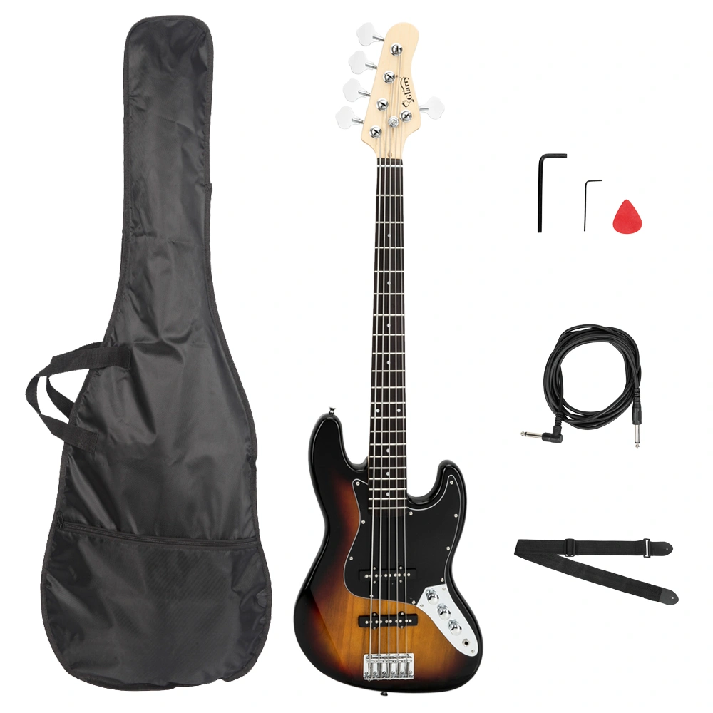 Gjazz Electric 5 String Bass Guitar Case Bag with Strap, Picks, Connector & Wrench Tool - Sunset Color view 2