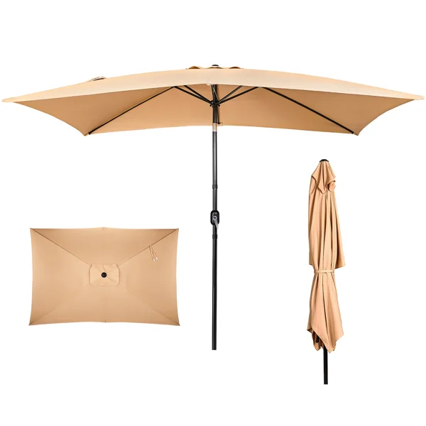 10 x 6.5 FT Square Patio Umbrella, Tilting Outdoor Market Umbrella with 6 Iron Ribs & Iron Pole, Polyester Fabric Yard Sun Shade Umbrella Khaki view 3