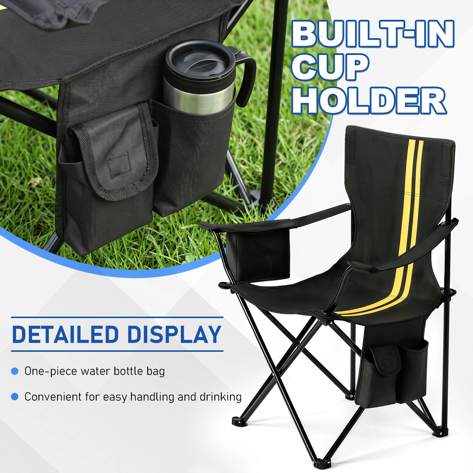 Folding Camping Chair with Built-in Cooler Bag, 350LBS Heavy Duty Portable Outdoor Chair with Cup Holder, Side Pocket & Carry Bag, 33.7"×20.5"×33.5" Black Camping Chair with Yellow Stripes for Beach, Picnic, Fishing view 11