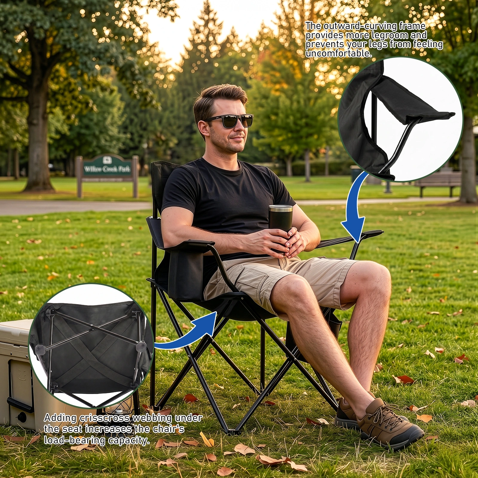 Folding Camping Chair with Built-in Cooler Bag, 350LBS Heavy Duty Portable Outdoor Chair with Cup Holder, Side Pocket & Carry Bag, 33.7"×20.5"×33.5" Black Camping Chair with Yellow Stripes for Beach, Picnic, Fishing view 15