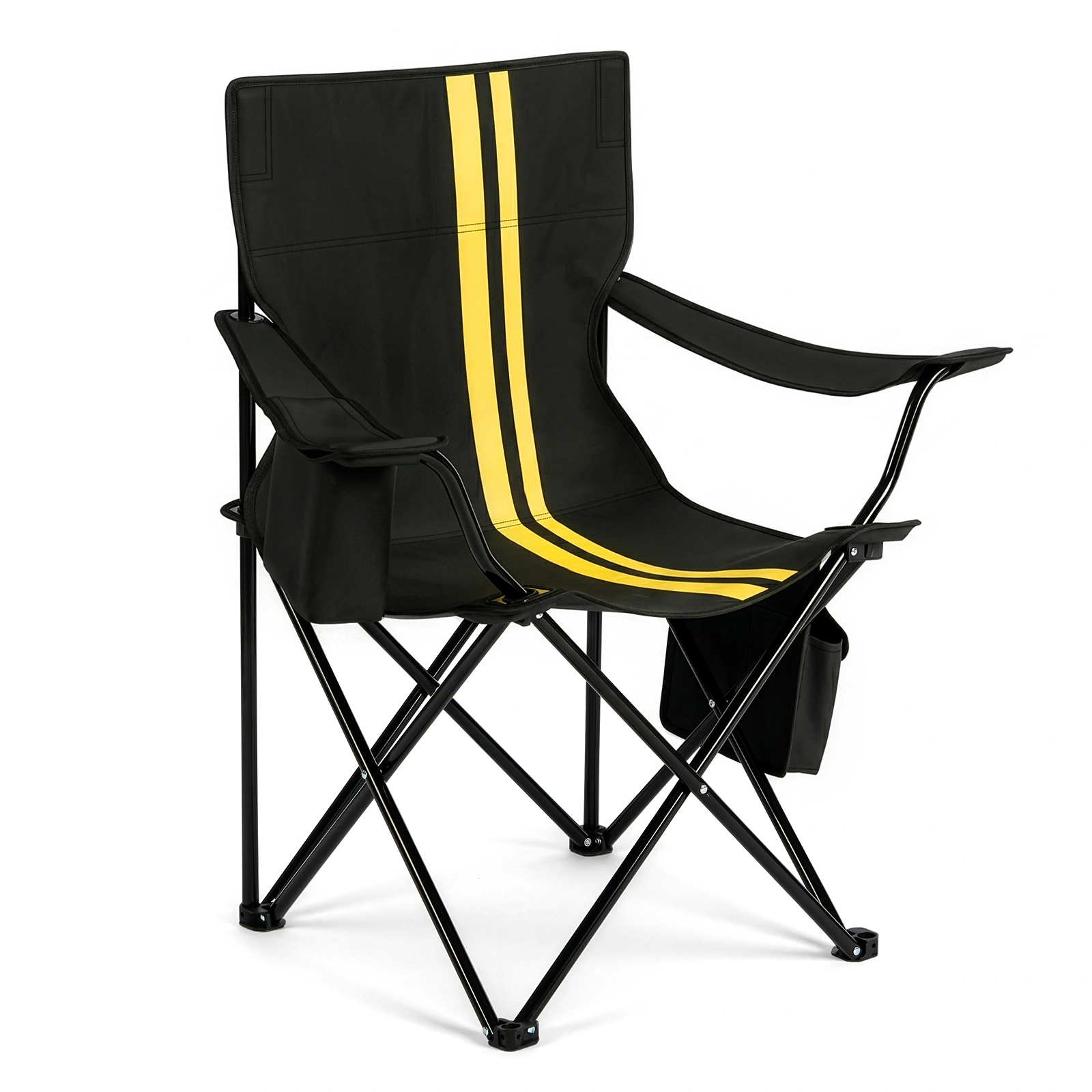 Folding Camping Chair with Built-in Cooler Bag, 350LBS Heavy Duty Portable Outdoor Chair with Cup Holder, Side Pocket & Carry Bag, 33.7"×20.5"×33.5" Black Camping Chair with Yellow Stripes for Beach, Picnic, Fishing view 2