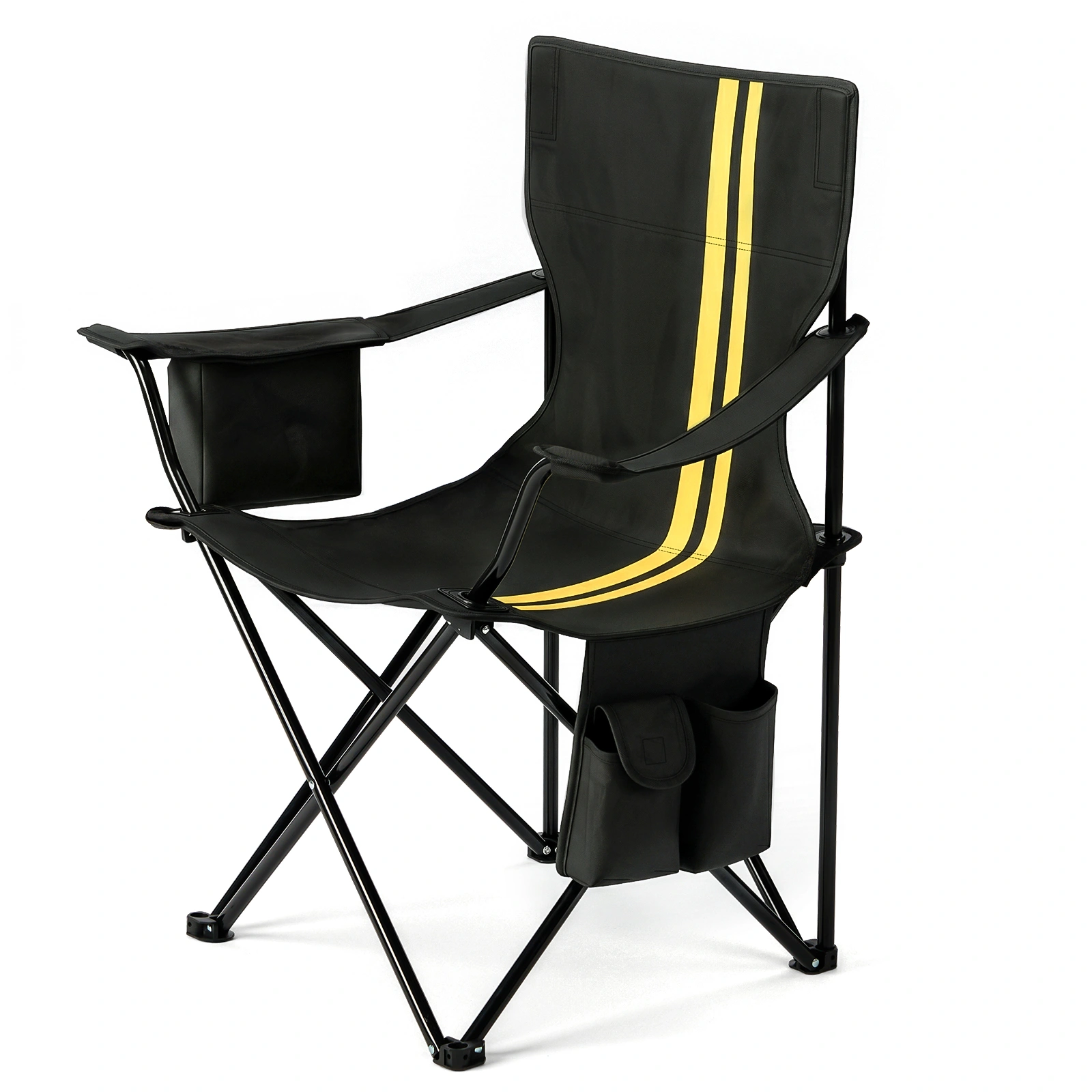 Folding Camping Chair with Built-in Cooler Bag, 350LBS Heavy Duty Portable Outdoor Chair with Cup Holder, Side Pocket & Carry Bag, 33.7"×20.5"×33.5" Black Camping Chair with Yellow Stripes for Beach, Picnic, Fishing view 4