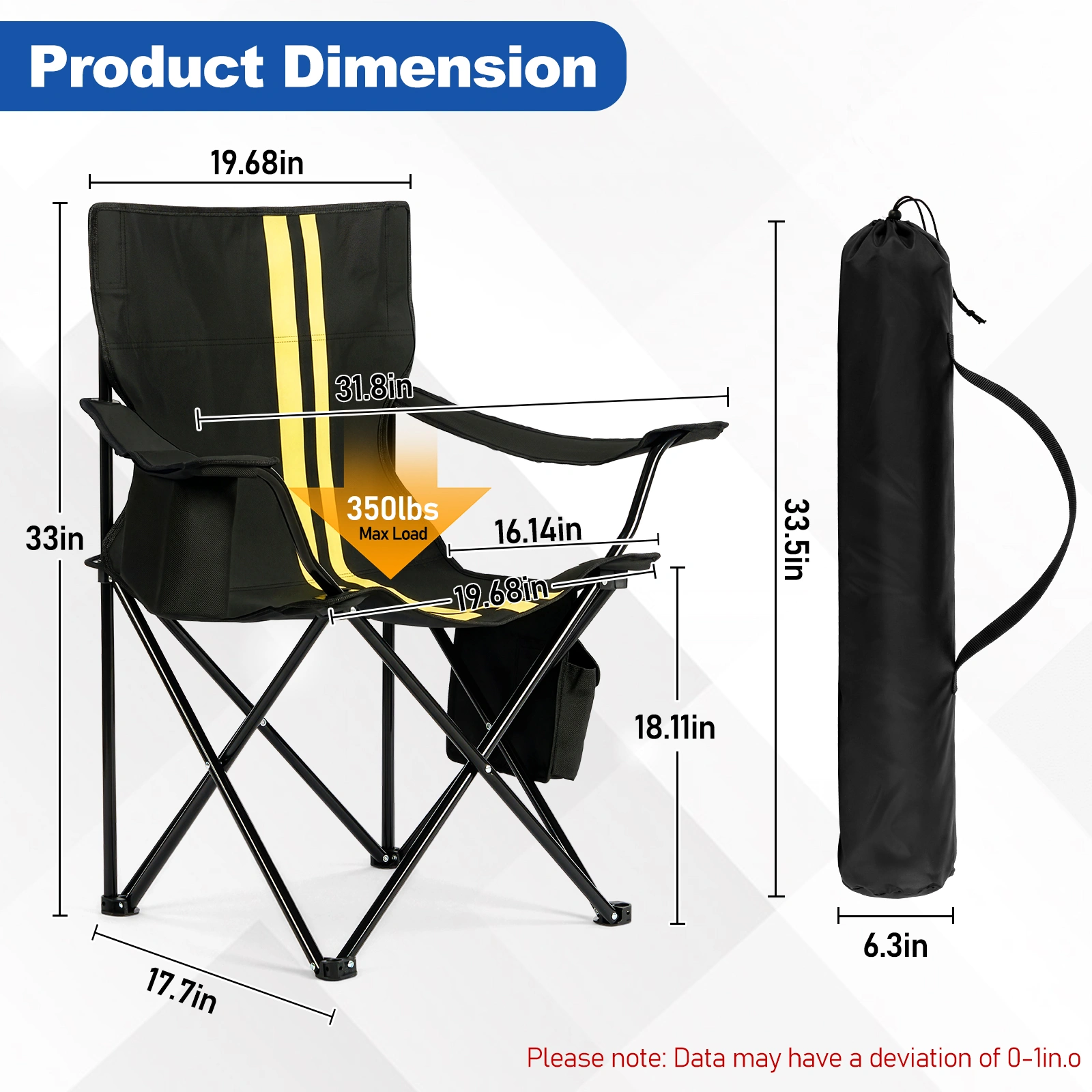 Folding Camping Chair with Built-in Cooler Bag, 350LBS Heavy Duty Portable Outdoor Chair with Cup Holder, Side Pocket & Carry Bag, 33.7"×20.5"×33.5" Black Camping Chair with Yellow Stripes for Beach, Picnic, Fishing view 5